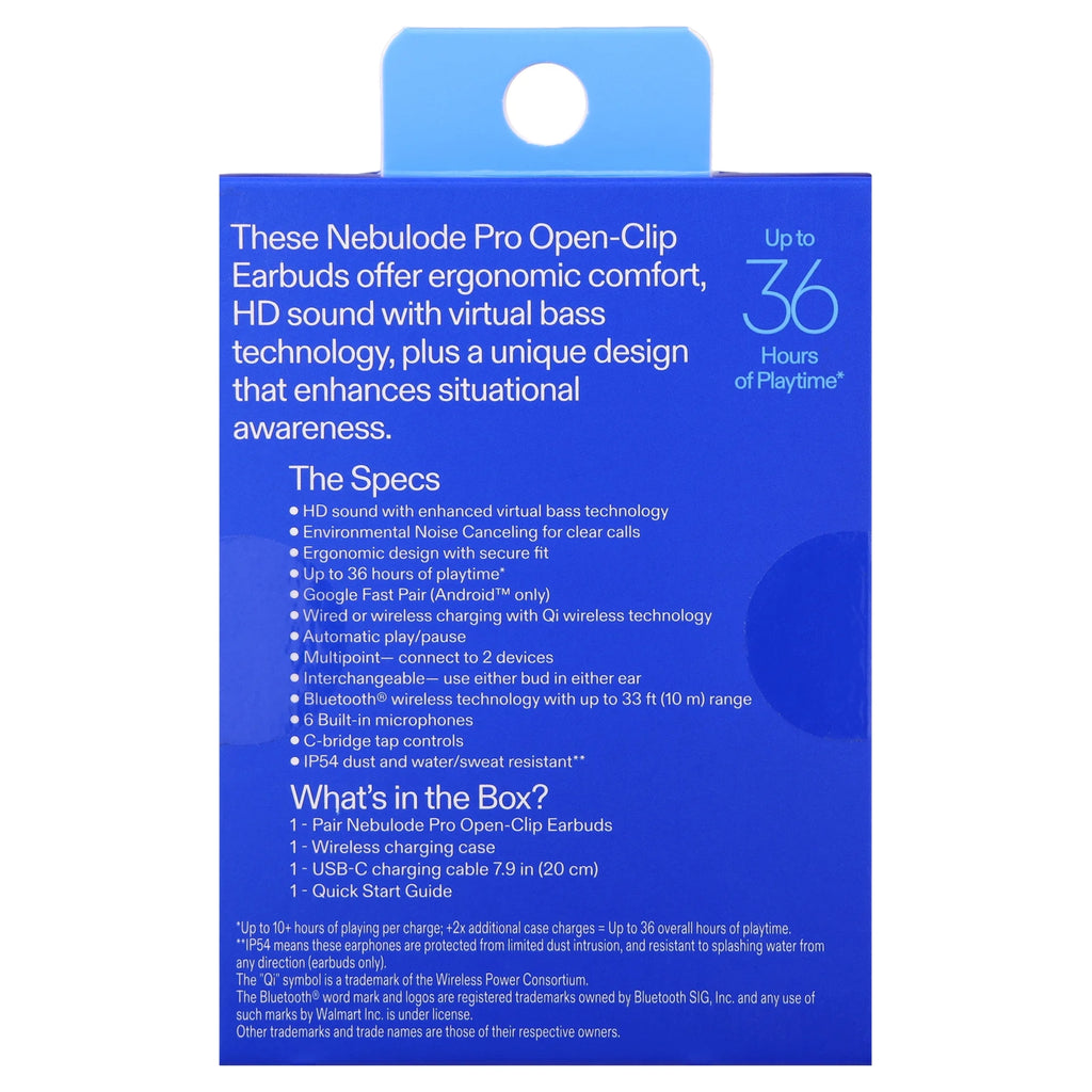 onn Nebulode Pro Open-Clip Wireless Earbuds, Blue