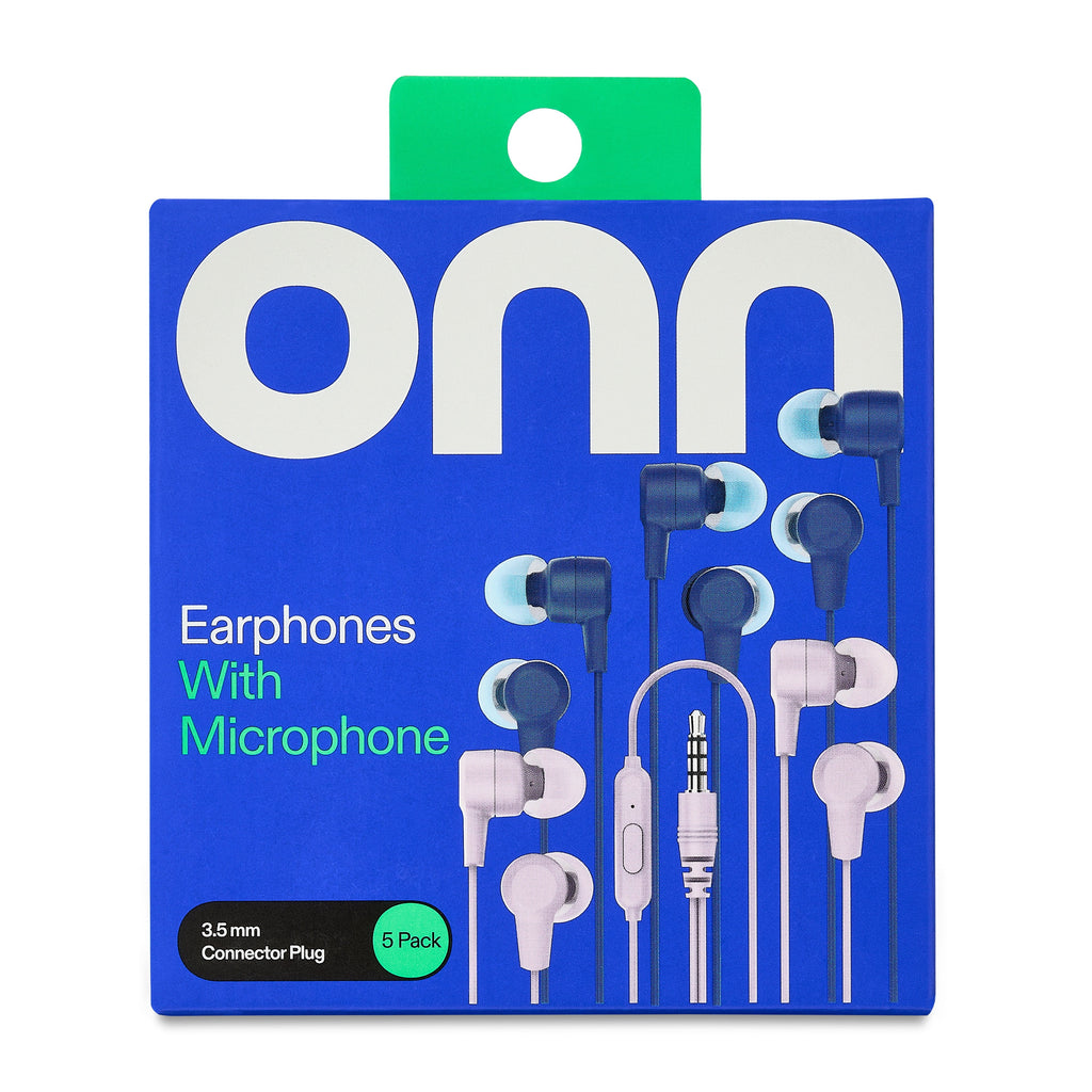 onn 5-Pack Wired Earbuds, Multicolor