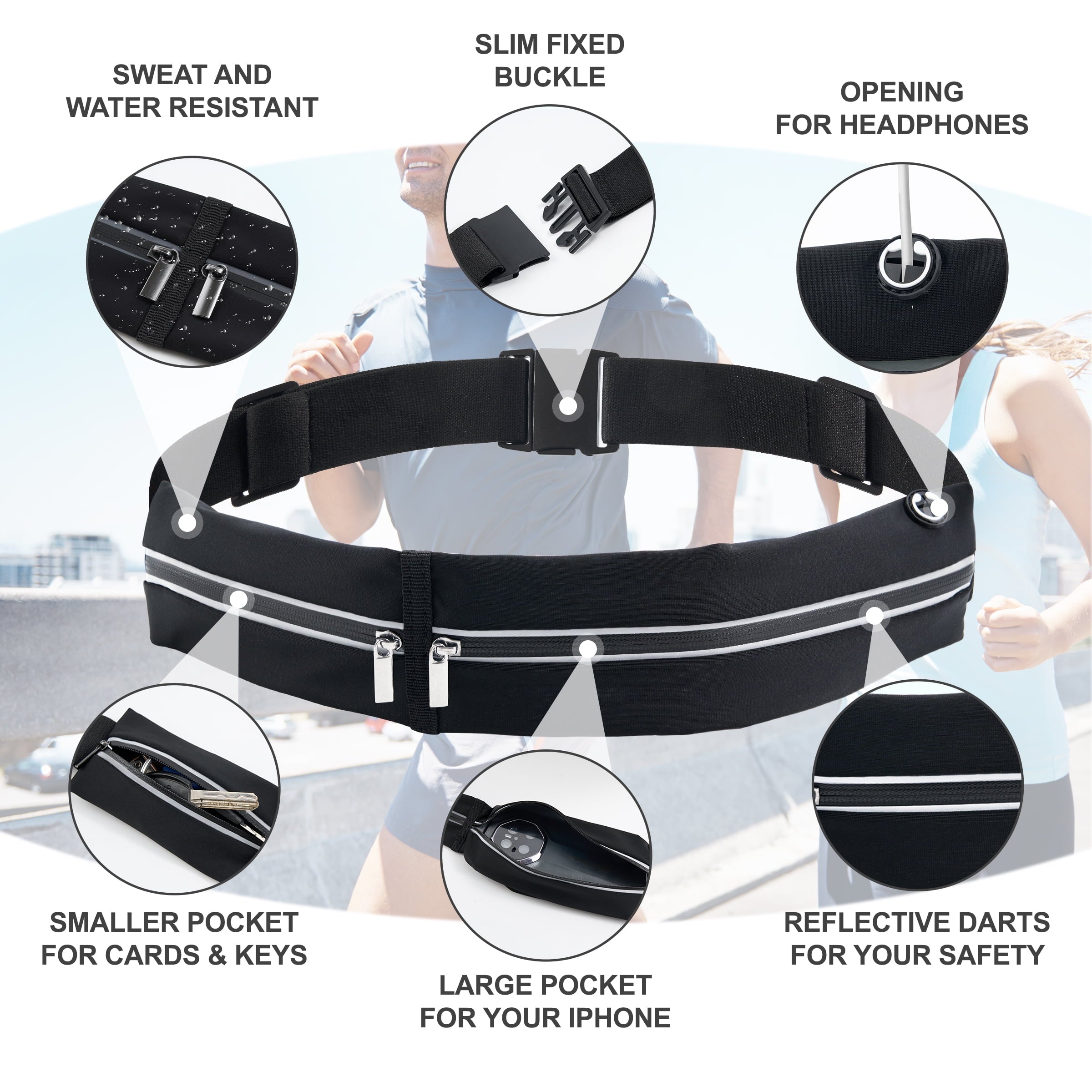 Slim Running Belt Fanny Pack for Men Women, Runners Phone Holder for Gym Travel Walking, Money Waist Flip Belt Bag With 2 Expandable Pockets