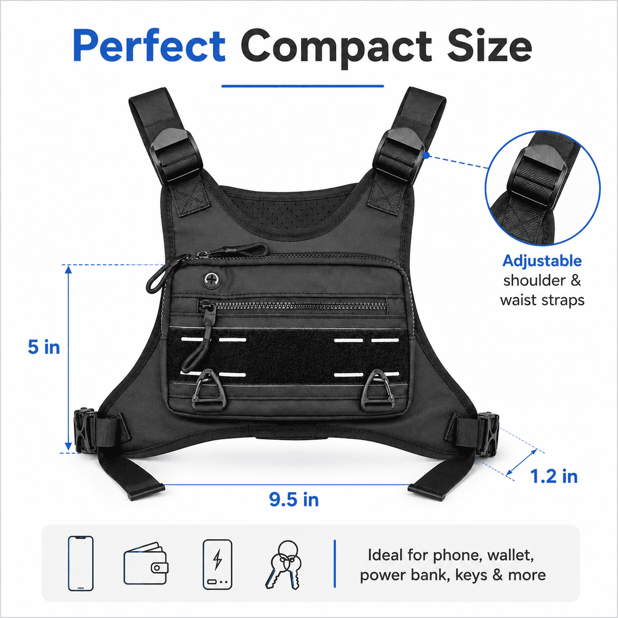 Sports Chest Bag for Men Water Resistant Lightweight Front Running Vest Bag With Phone Holder & Extra Storage for Workouts Cycling Black