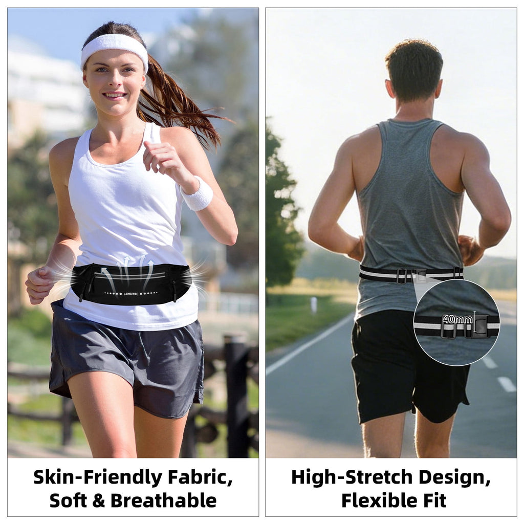 LAIMEIWEE Lightweight Running Belt，Water-Resistant Waist Pack for Women Men, 4-Zone Organization, Reflective strips Design for Marathon Training, Jogging, Hiking, Commuting（Black）