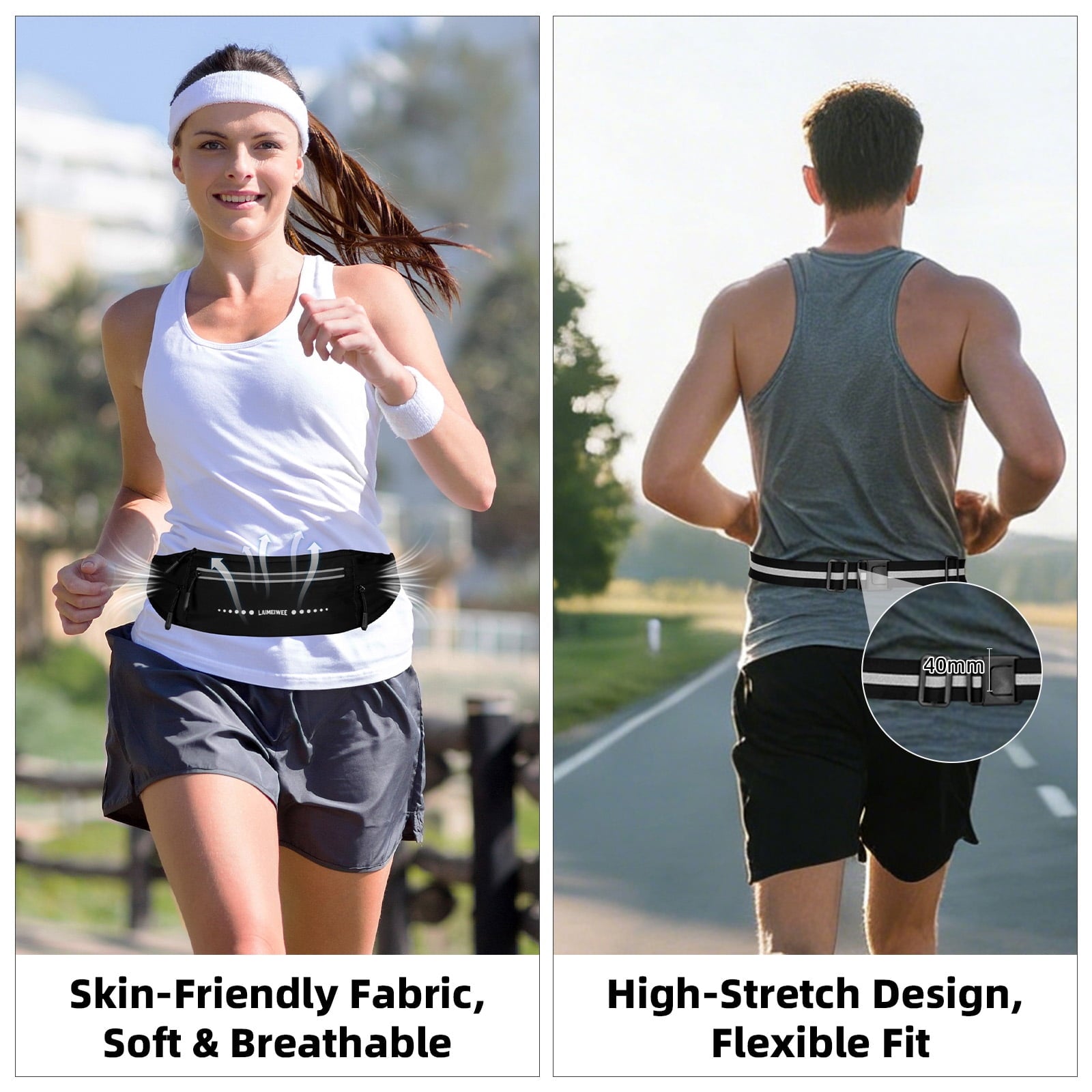 LAIMEIWEE Lightweight Running Belt，Water-Resistant Waist Pack for Women Men, 4-Zone Organization, Reflective strips Design for Marathon Training, Jogging, Hiking, Commuting（Black）