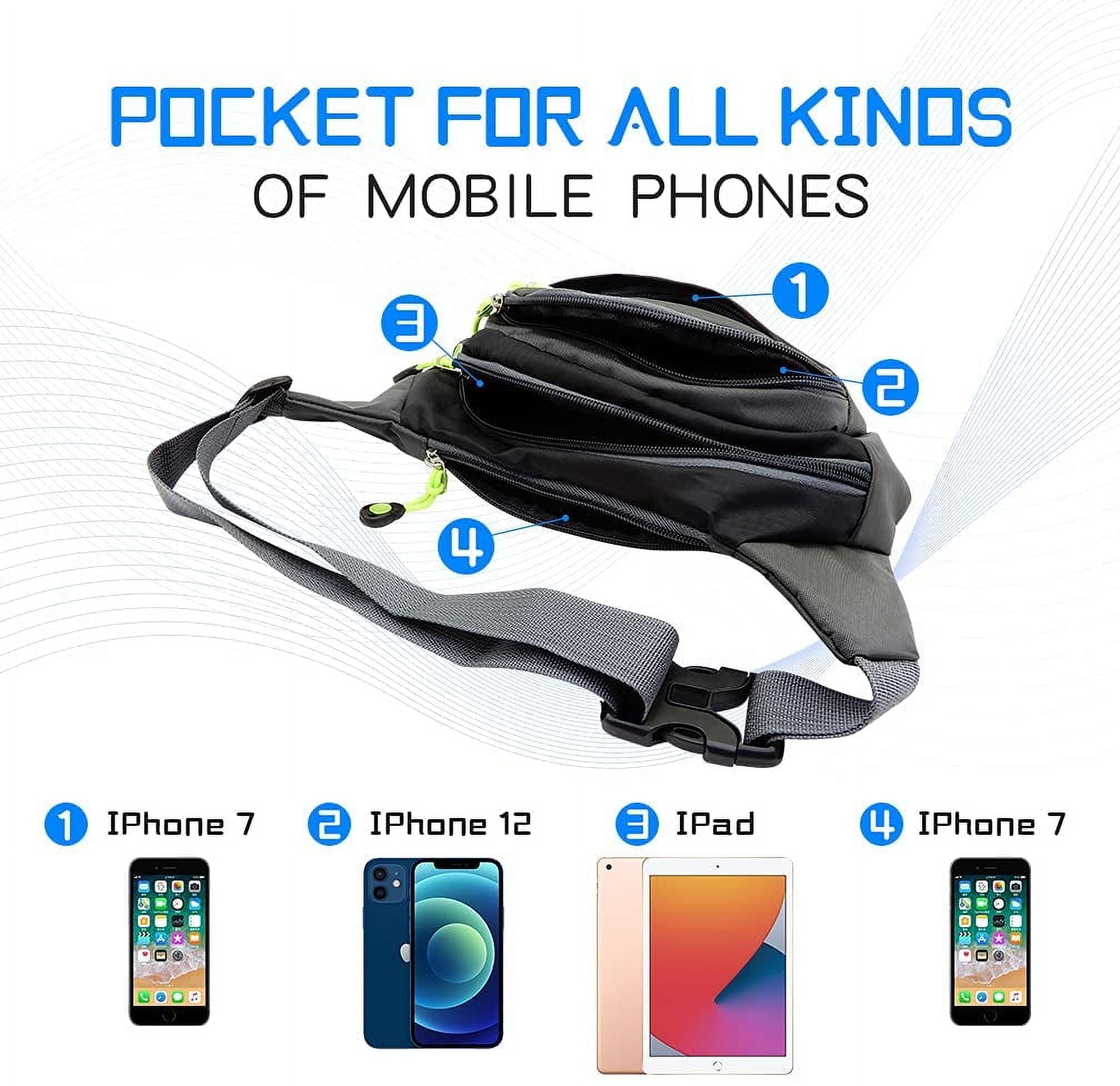 Viaky Black Crossbody Workout Waist Pack 4 Zipper Pockets, Running Belt Fanny Bag for Hands Free Sports Travel & Casual Use, Adjustable Strap Pouch Ideal Gifts for All Phone Carrying Enthusiasts