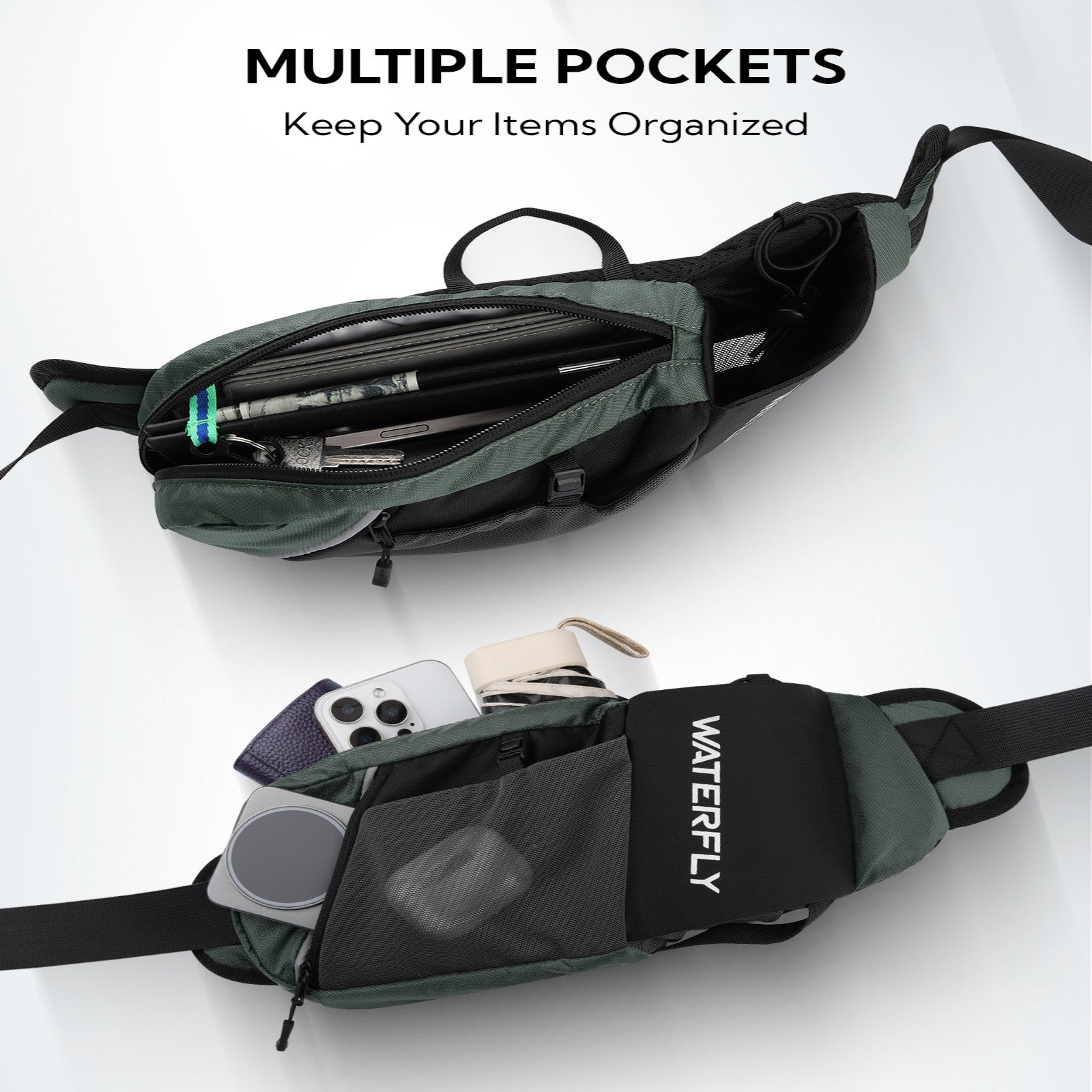 WATERFLY Unisex with Bottle Holder Running Walking Hiking Nylon Fanny Pack Waist Bag,,Blue