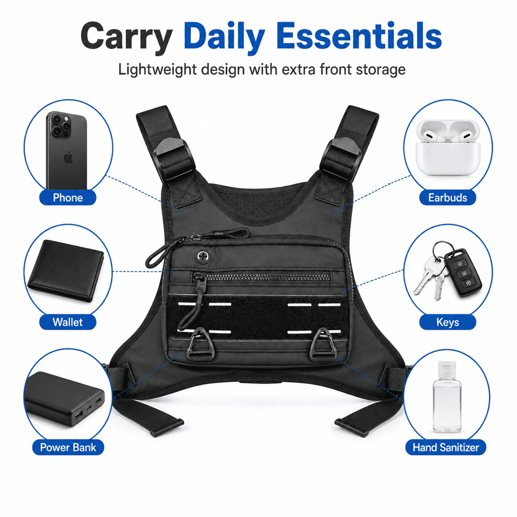 Sports Chest Bag for Men Water Resistant Lightweight Front Running Vest Bag With Phone Holder & Extra Storage for Workouts Cycling Black