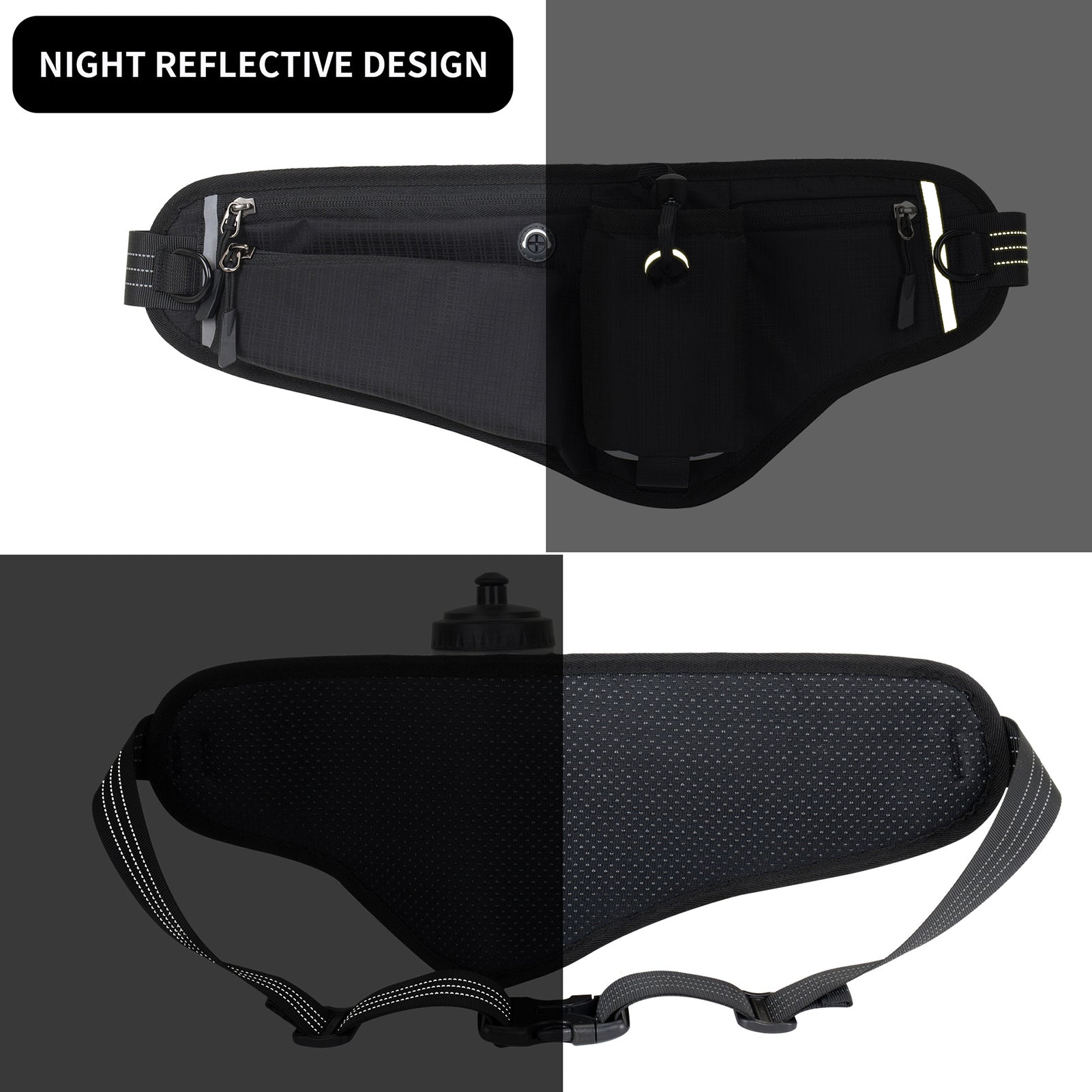 NFTIGB Running Belt Waist Pack Adjustable Hydration Bag with Water Bottle Holder for Runners Men Women, Black (10.63 inches / 27 cm)