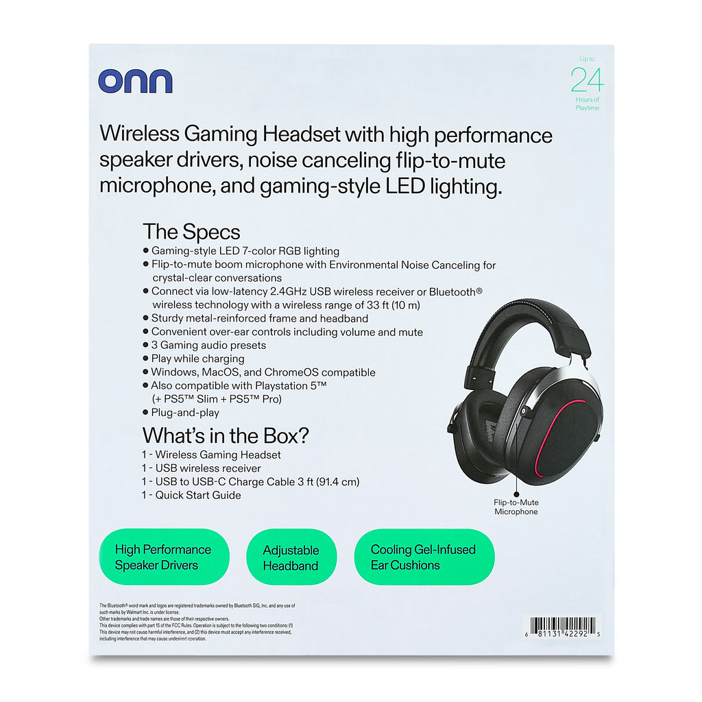 onn PC Wireless Gaming Headset - 2.4Ghz & Bluetooth Dual Mode - 24 Hours Playtime - Ultimate Comfort Cooling Gel Earpad