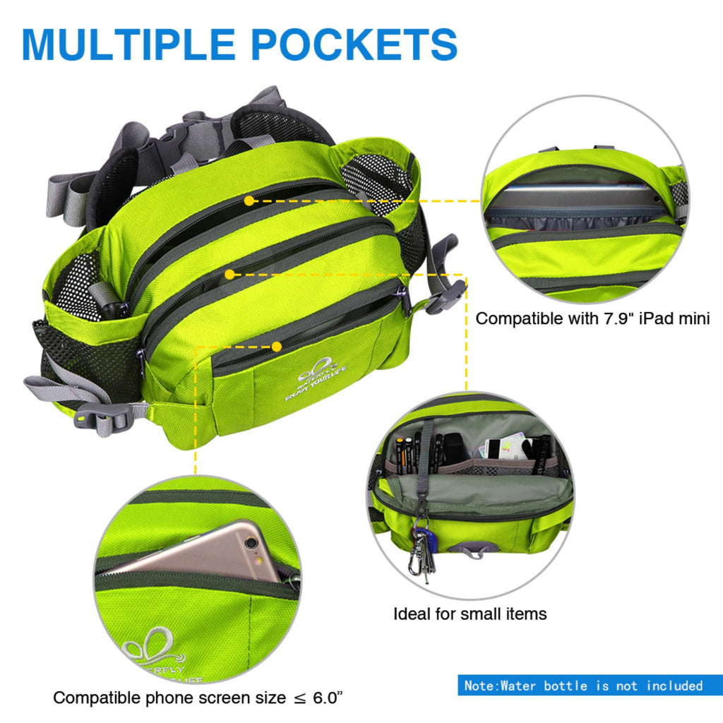 WATERFLY Unisex Large Capacity Hiking with Bottle Holder Nylon Fanny Pack Waist Bag,Gray