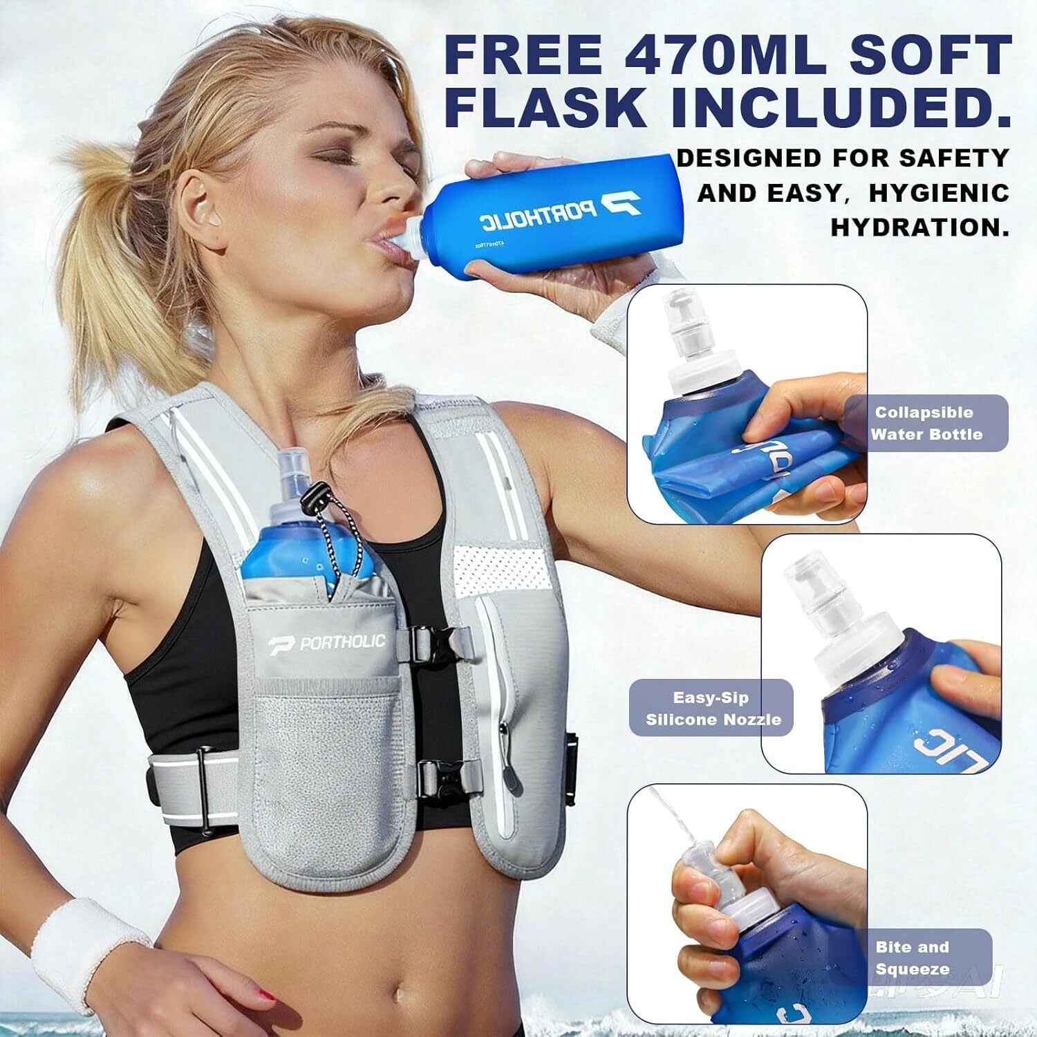 PORTHOLIC Running Vest for Women Men with 500ml/17oz Water Bottle |Adjustable Hydration Vest|Reflective |Lightweight |6 Pockets |Breathablefor Running Accessories for Hiking Running (Black,Large)