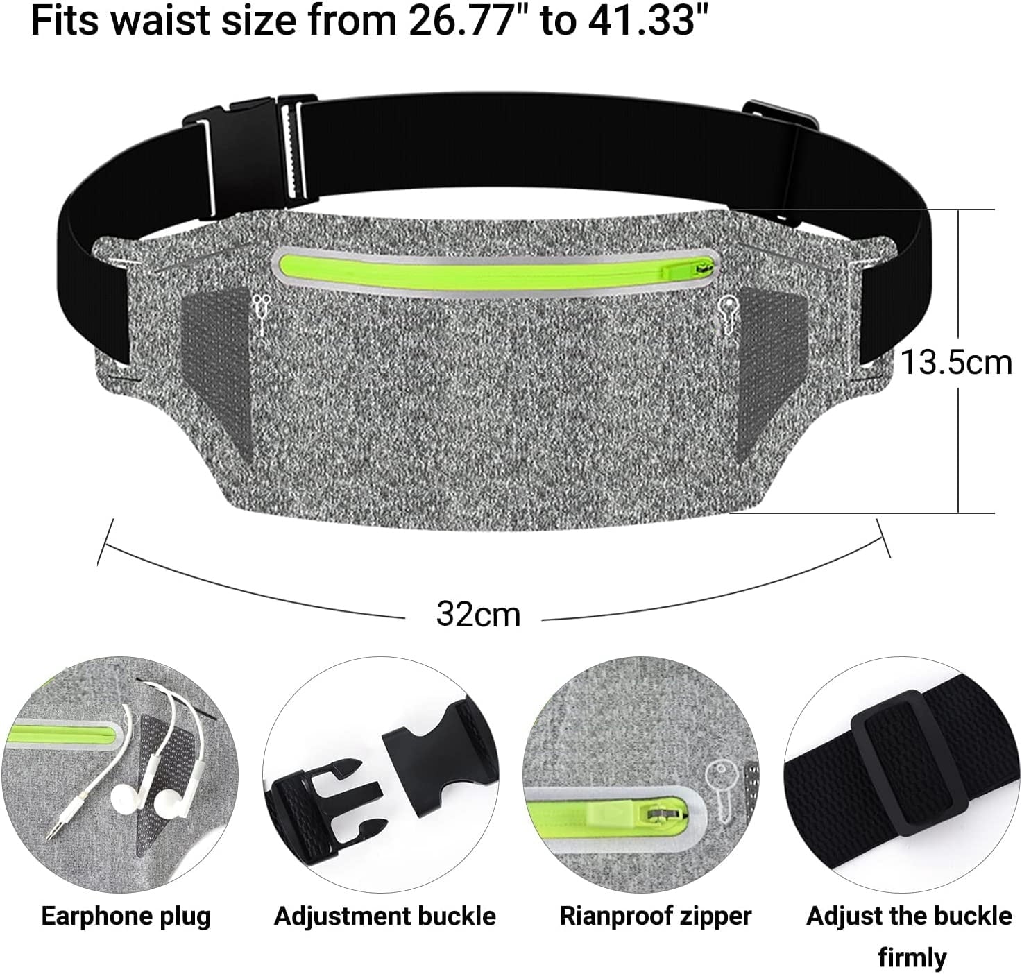 Bontime Ultra Slim Reflective Running Belt, Fits iPhone, Keys & Money, Adjustable Fanny Pack, Black