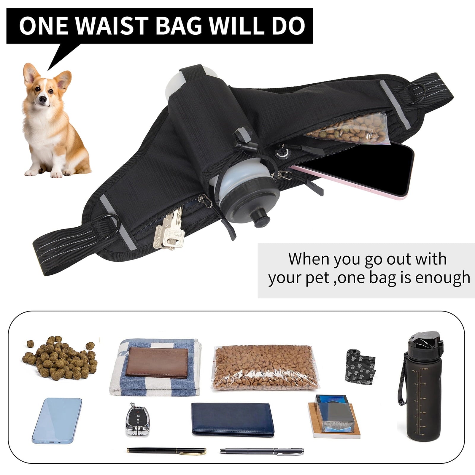 NFTIGB Running Belt Waist Pack Adjustable Hydration Bag with Water Bottle Holder for Runners Men Women, Black (10.63 inches / 27 cm)