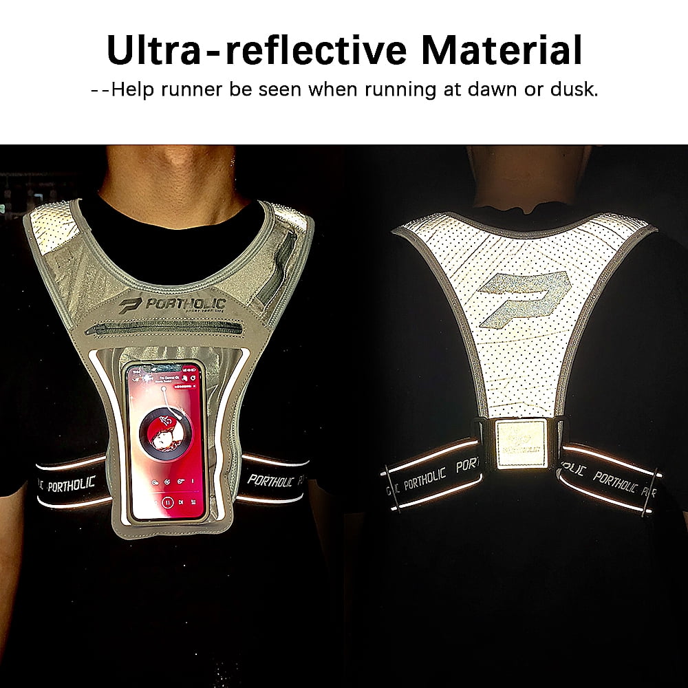 Running Vest with Cellphone Holder, PORTHOLIC Reflective Warnwest with Visible Phone Pouch, Adjustable Waistband and Muti-pockets for Sport, Jogging, Cycling, Walk the dog(GARY)