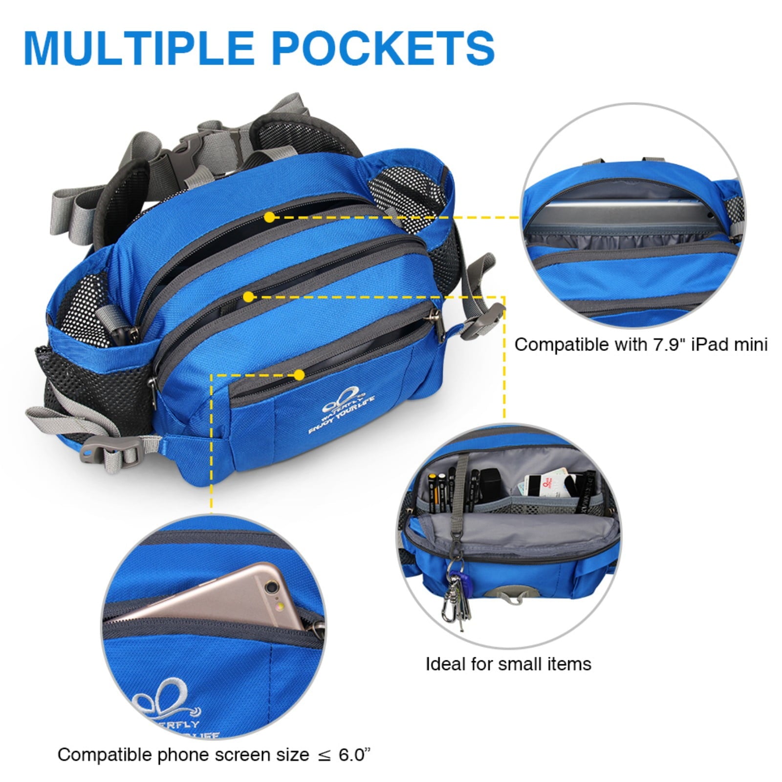 WATERFLY Unisex Large Capacity Hiking with Bottle Holder Nylon Fanny Pack Waist Bag,Gray