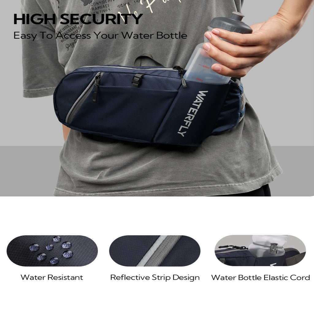 WATERFLY Unisex with Bottle Holder Running Walking Hiking Nylon Fanny Pack Waist Bag,,Blue