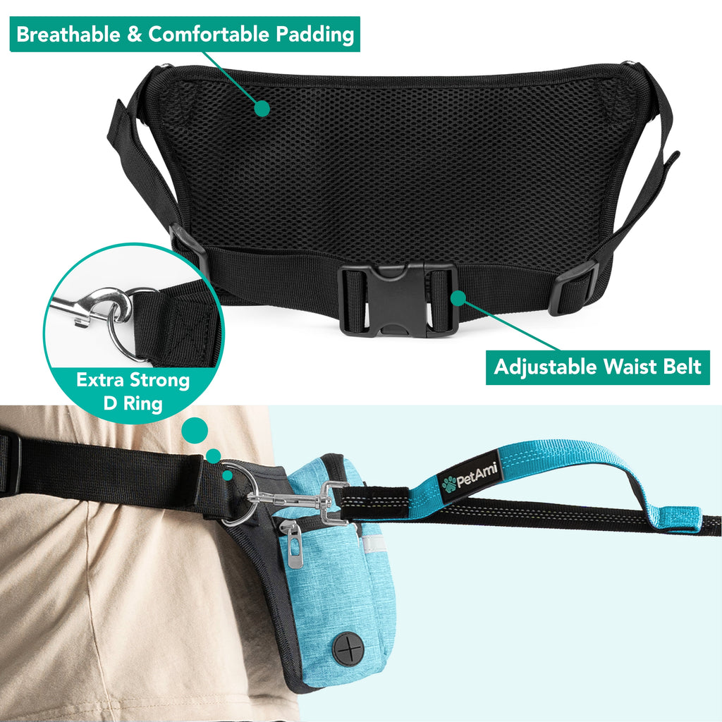 PetAmi Premium Hands Free Dog Leash for 2 Dogs, Adjustable Waist Belt Leash for Dog Walking, Fanny Pack Accessories Bag Dual Bungee Leash for Running, Hiking, Jogging, Biking, Charcoal Grey