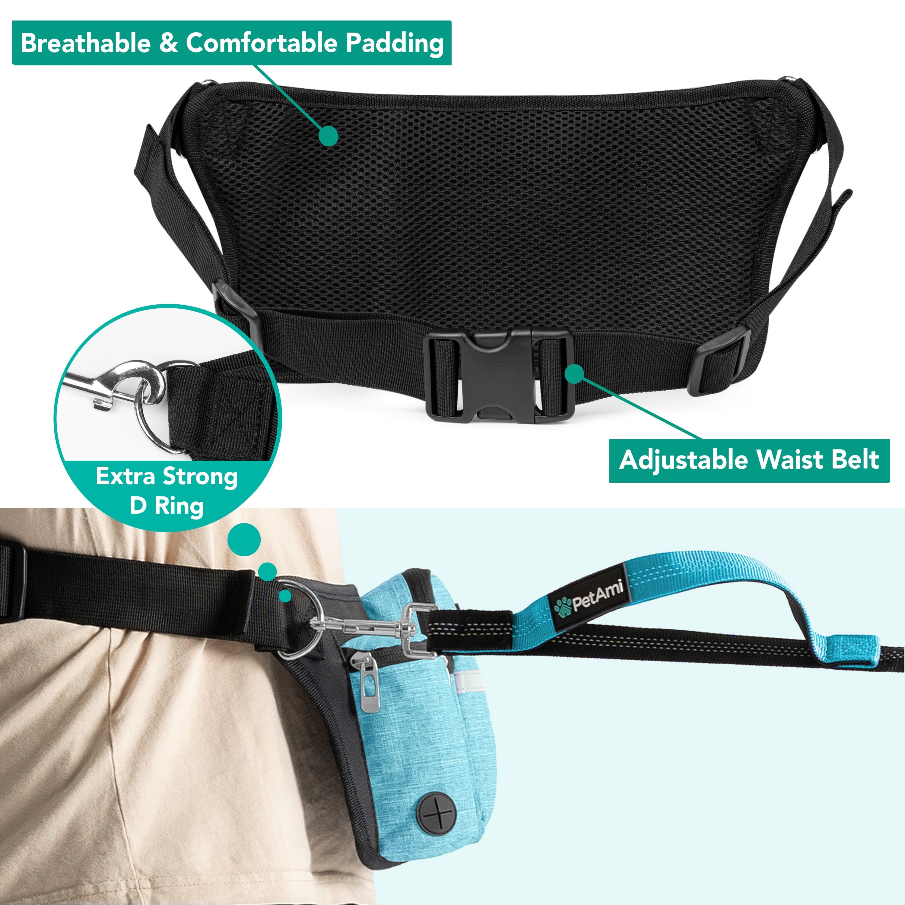 PetAmi Premium Hands Free Dog Leash for 2 Dogs, Adjustable Waist Belt Leash for Dog Walking, Fanny Pack Accessories Bag Dual Bungee Leash for Running, Hiking, Jogging, Biking, Charcoal Grey