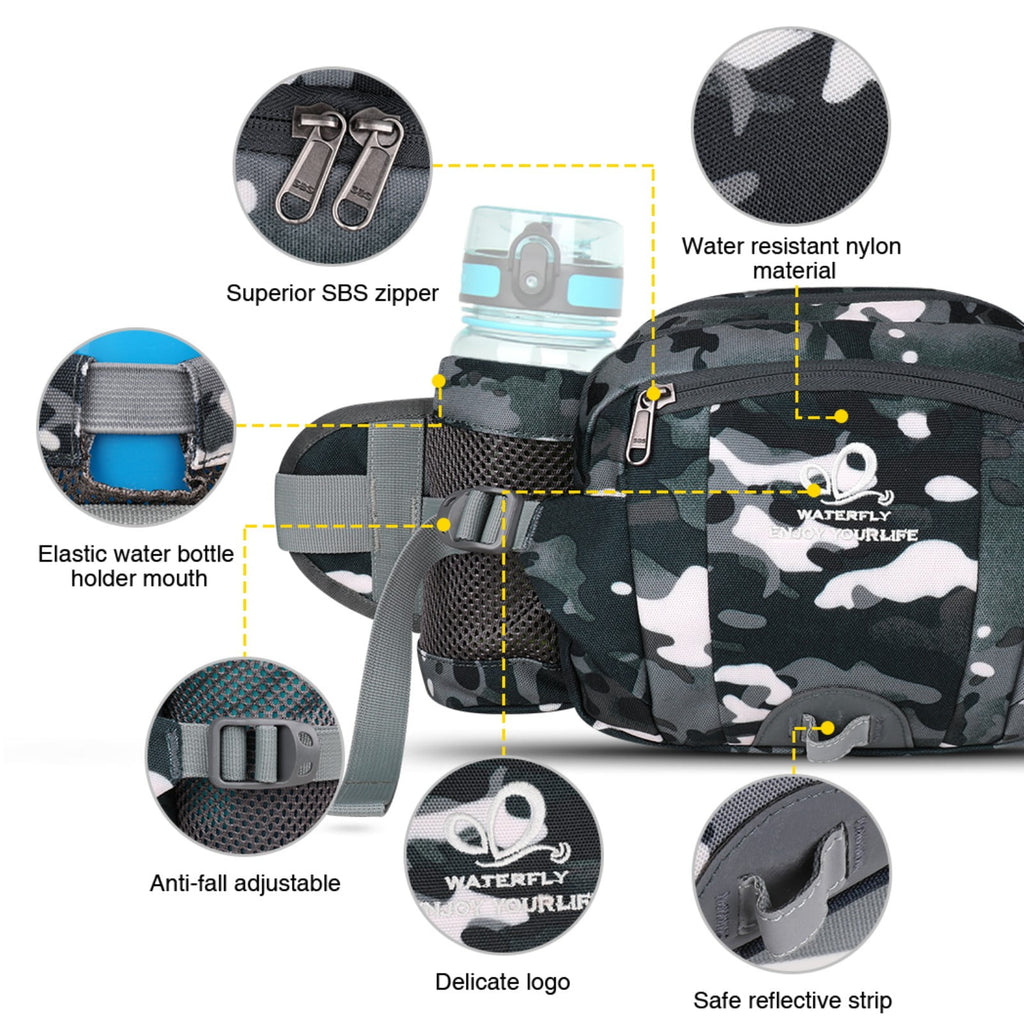 WATERFLY Unisex Large Capacity Hiking with Bottle Holder Nylon Fanny Pack Waist Bag,Gray