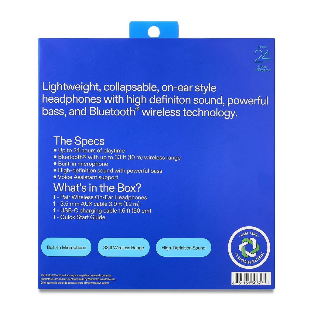 onn Wireless On-ear Headphones with Bluetooth, Black
