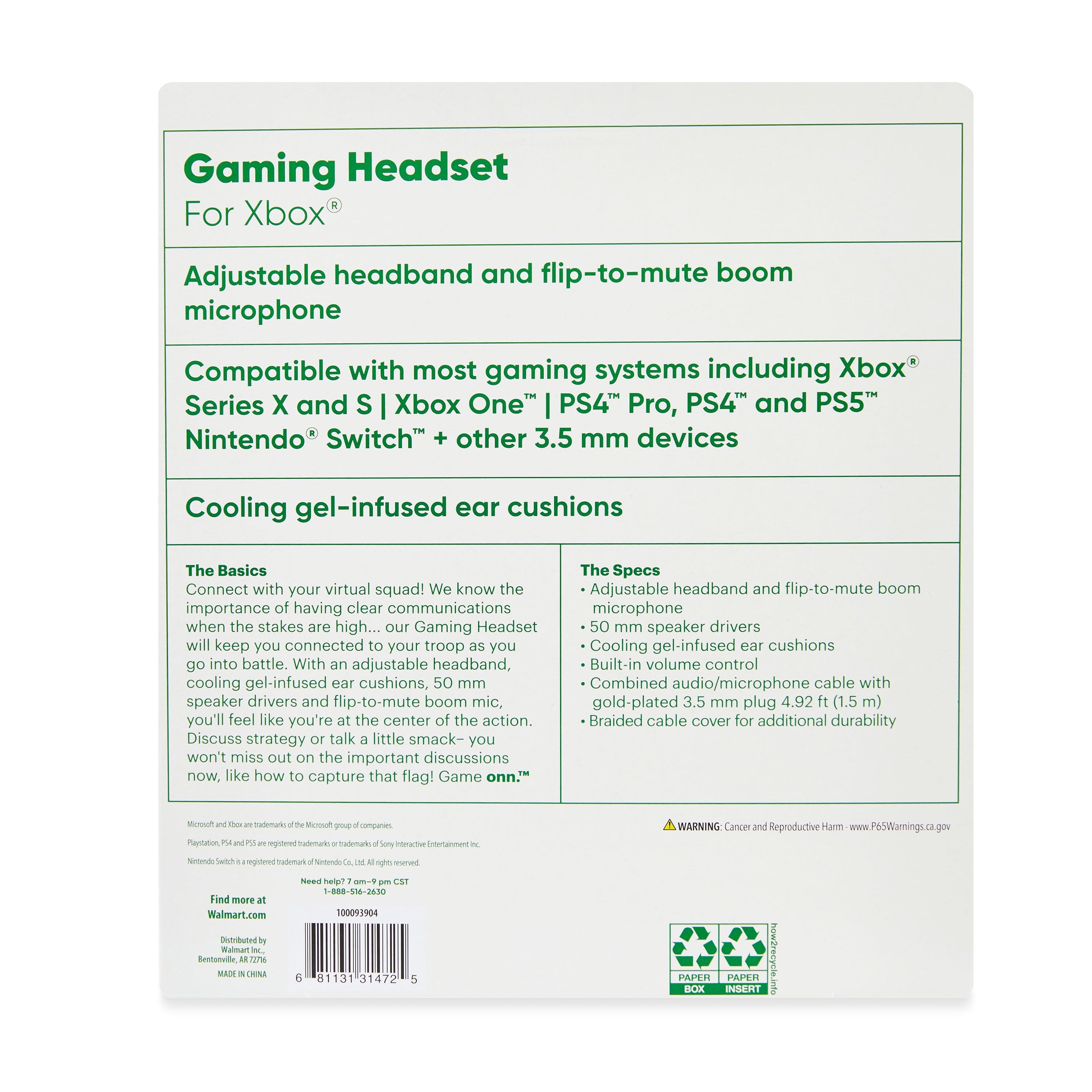 onn Wired Gaming Headset Compatible with Xbox, Black and Green