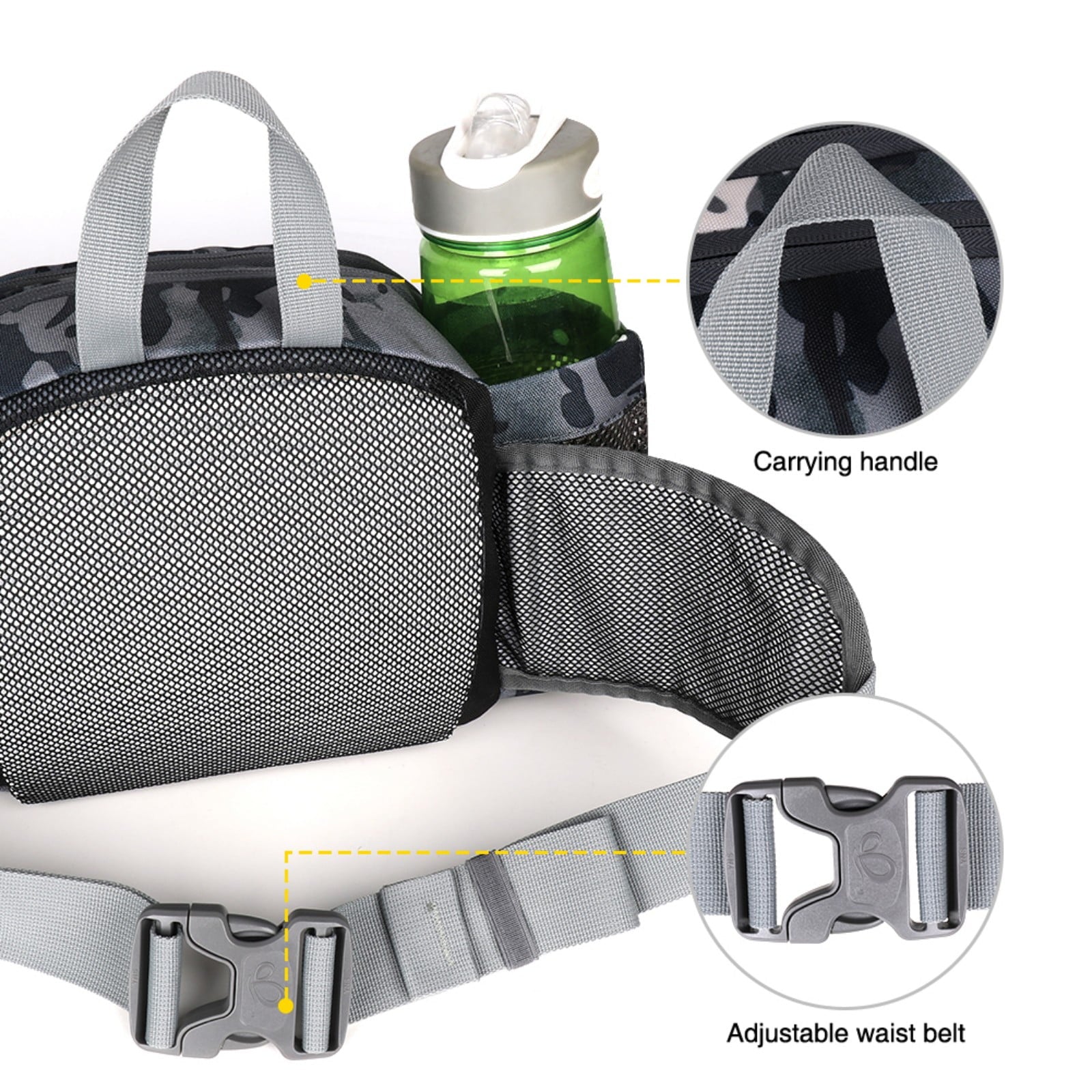 WATERFLY Unisex Large Capacity Hiking with Bottle Holder Nylon Fanny Pack Waist Bag,Gray