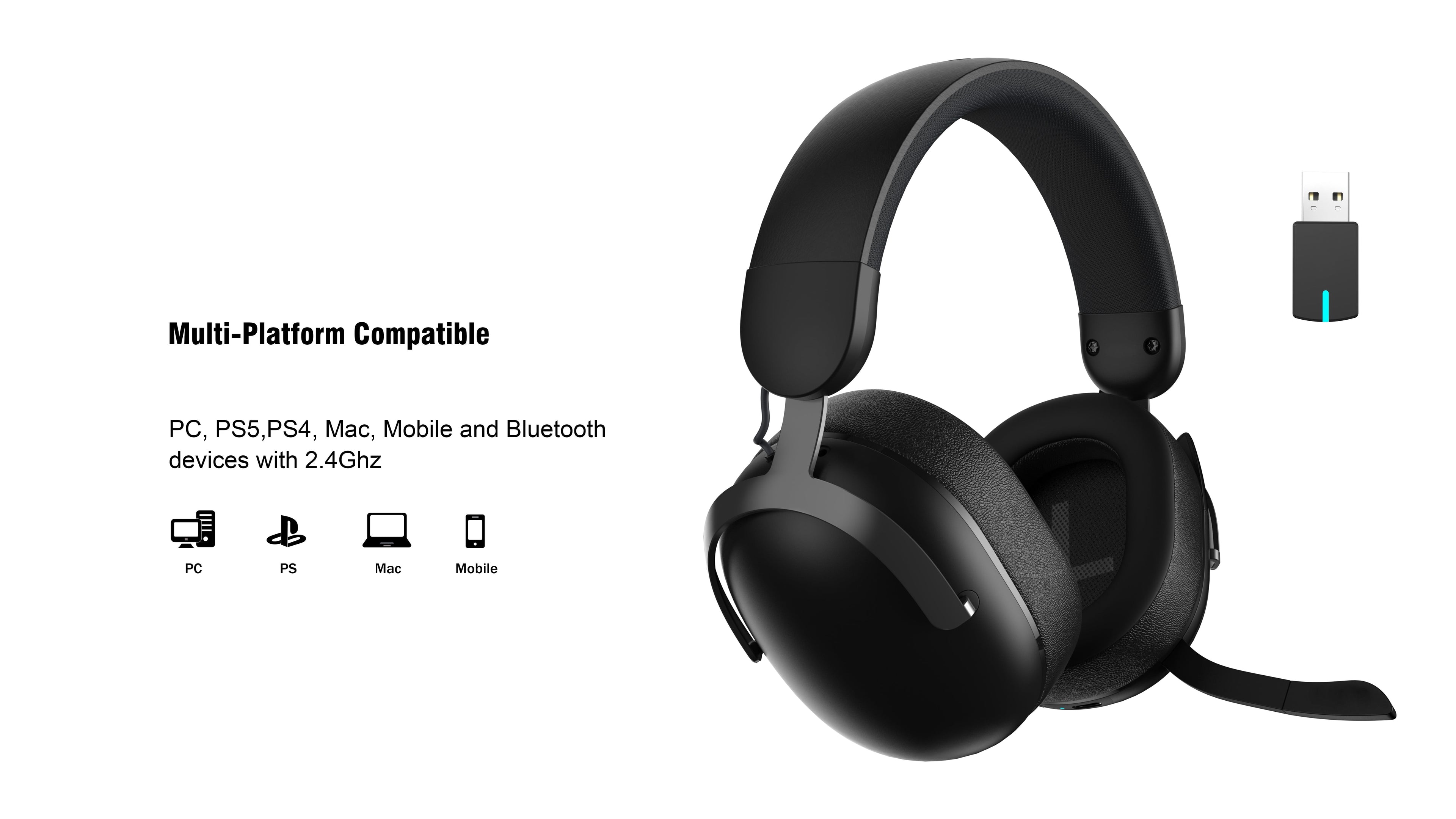 onn Wireless Gaming Headset Compatible with PlayStation 5, Bluetooth/2.4GHz, Black