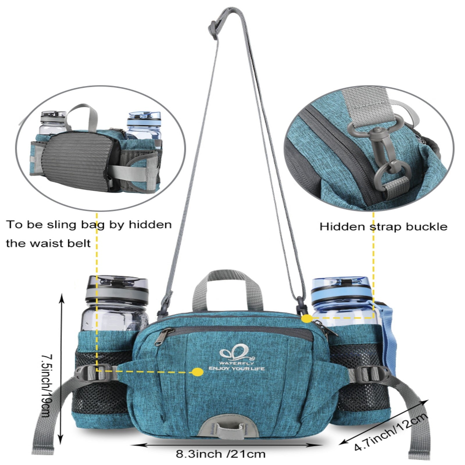 WATERFLY Unisex Large Capacity Hiking with Bottle Holder Nylon Fanny Pack Waist Bag,Gray