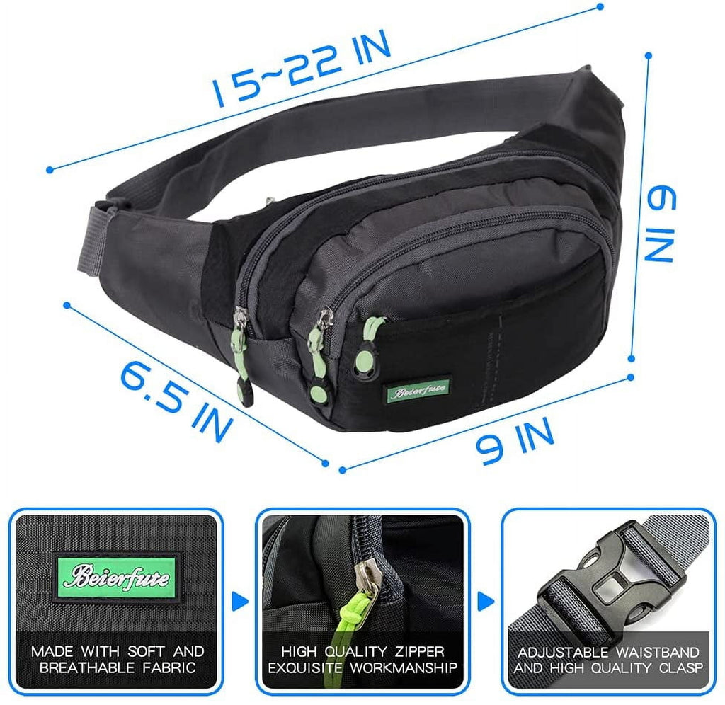 Viaky Black Crossbody Workout Waist Pack 4 Zipper Pockets, Running Belt Fanny Bag for Hands Free Sports Travel & Casual Use, Adjustable Strap Pouch Ideal Gifts for All Phone Carrying Enthusiasts