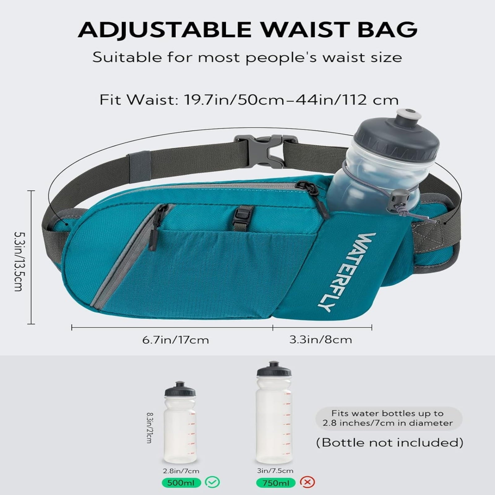 WATERFLY Unisex with Bottle Holder Running Walking Hiking Nylon Fanny Pack Waist Bag,,Blue