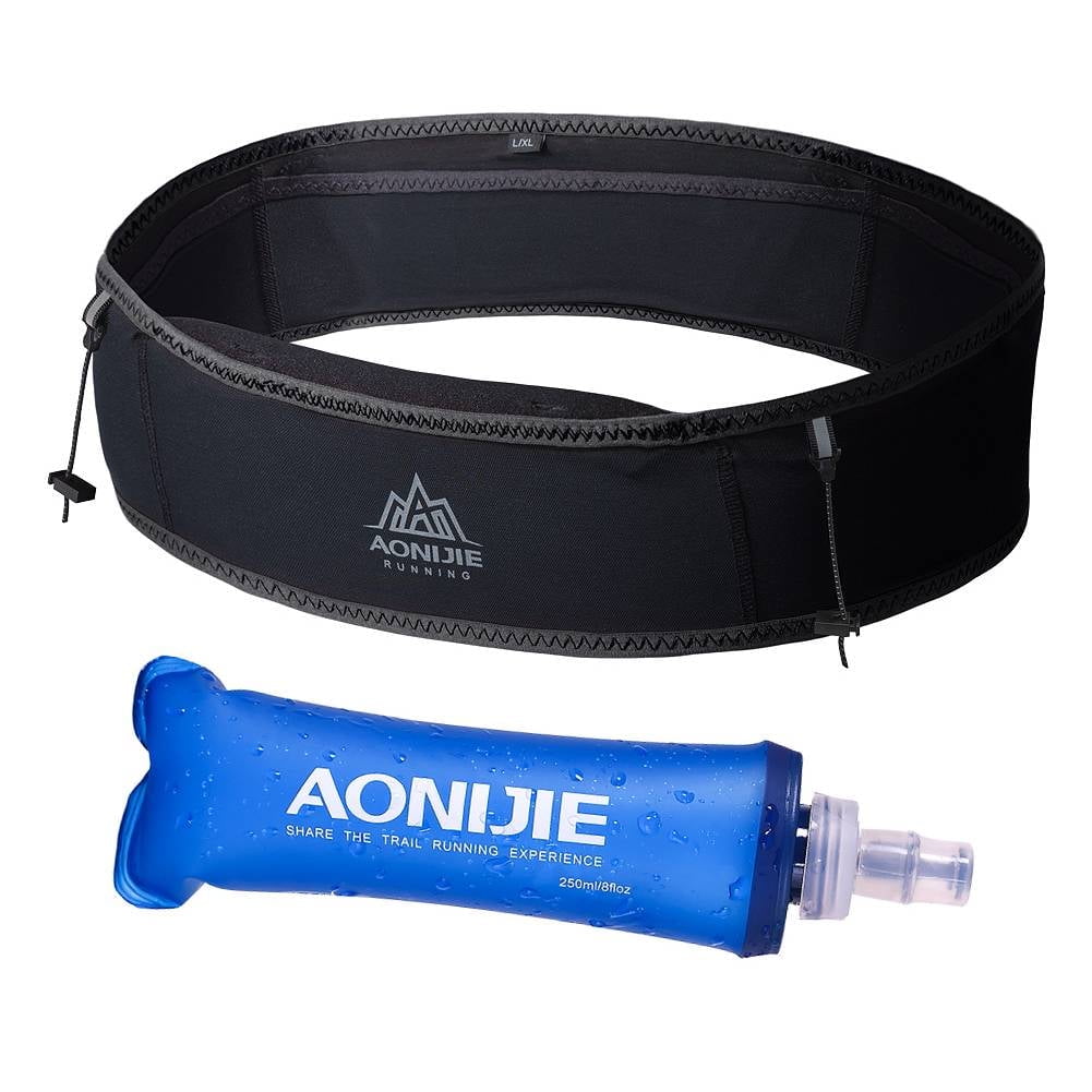 AONIJIE Running Belt Fanny Pack with 250ml Soft Water Bottle Flask, Moisture Wicking Waist Pack Great for Marathon Climbing Jogging Cycling Workout(Full Black,L/XL)