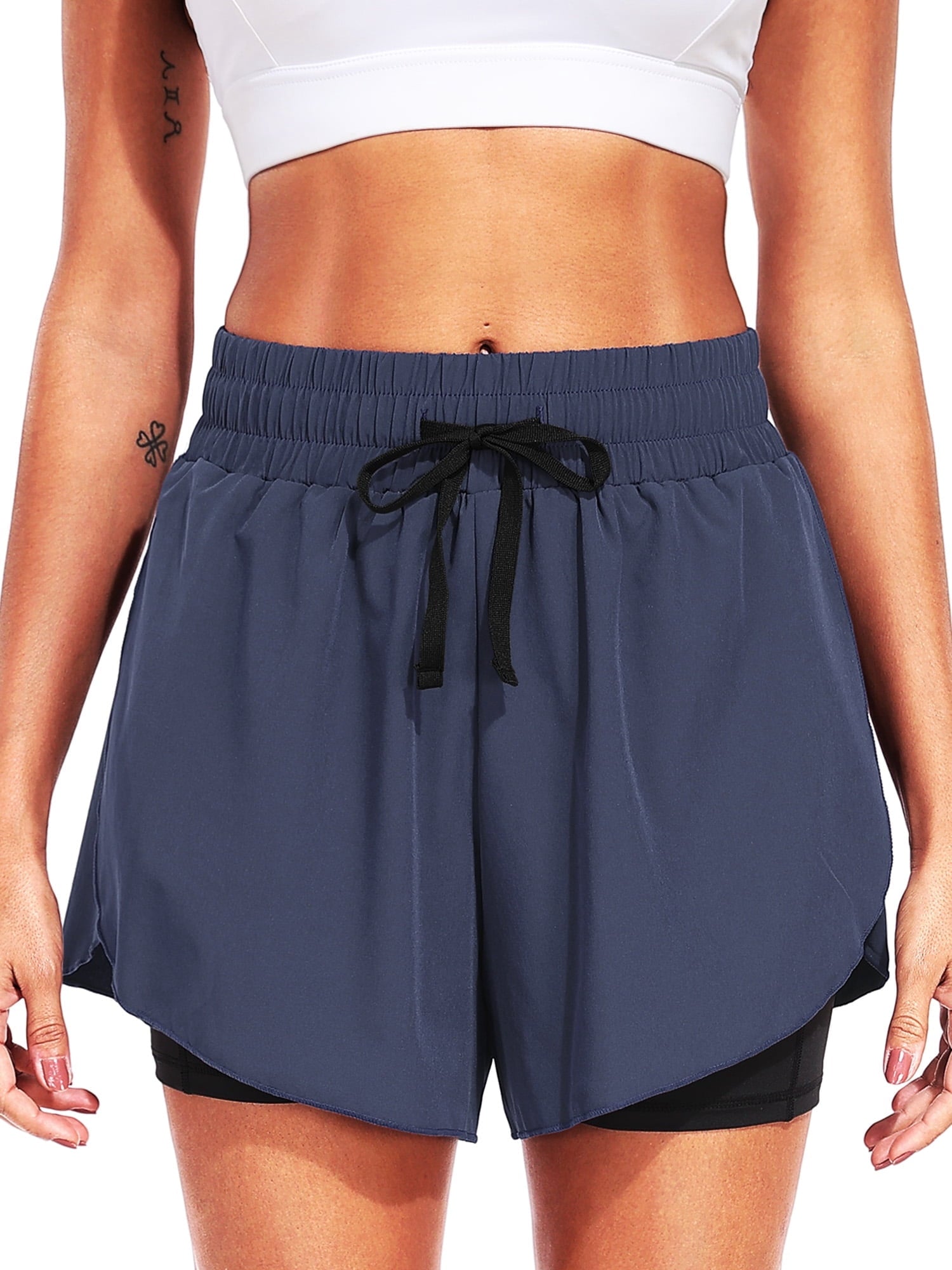 NELEUS Womens 2 in 1 Workout Yoga Shorts for Athletic Gym Running Casual Summer Short with Pocket,Navy Blue,US Size L