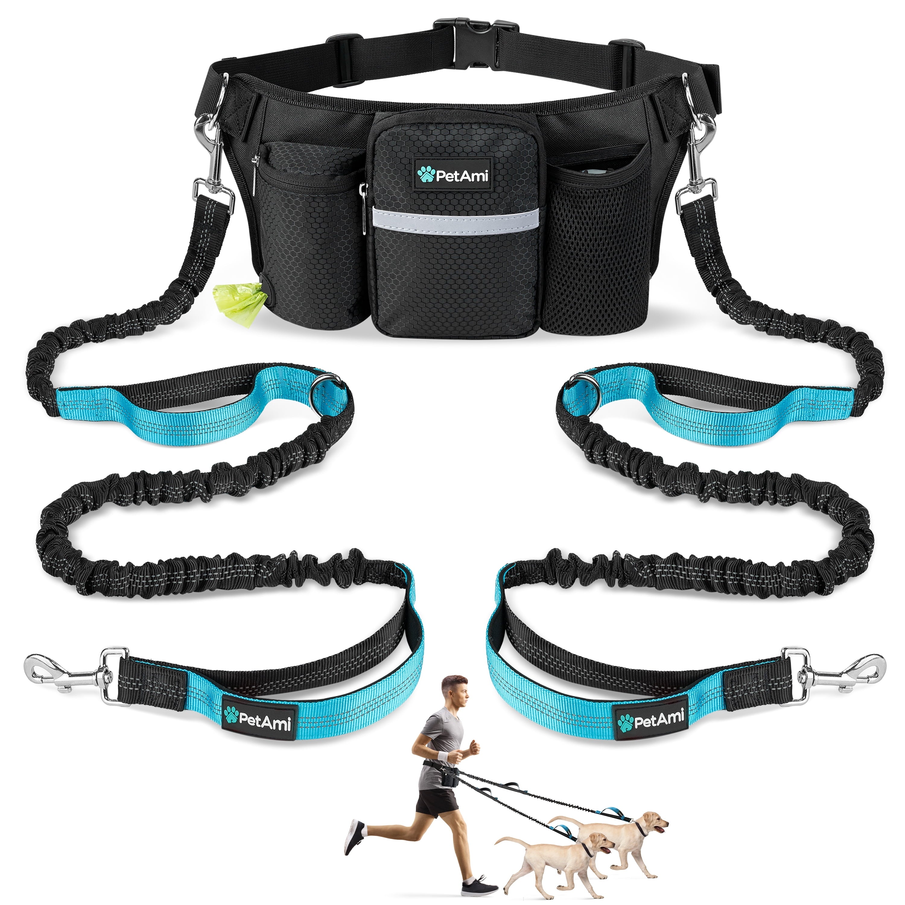 PetAmi Premium Hands Free Dog Leash for 2 Dogs, Adjustable Waist Belt Leash for Dog Walking, Fanny Pack Accessories Bag Dual Bungee Leash for Running, Hiking, Jogging, Biking, Charcoal Grey
