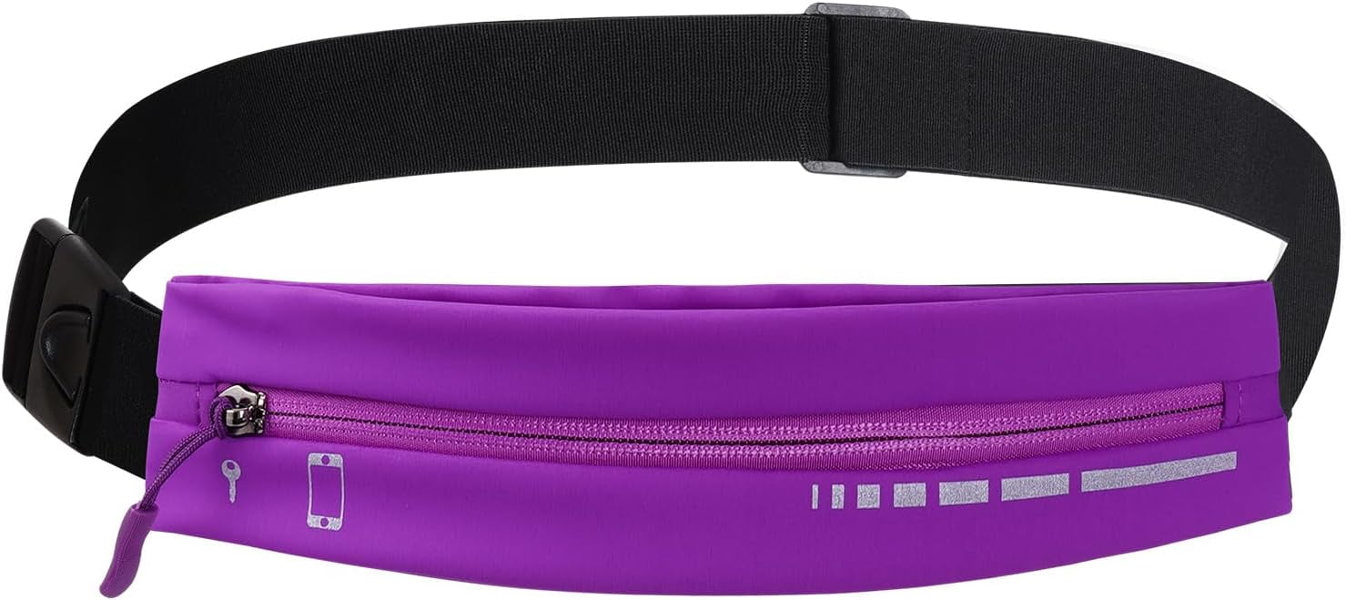 Slim Running Belt for Women Men Water Resiatant Runners Fanny Pack Adjustable Waist Pouch Reflective Phone holder Running Gear Accessories for Sport (Purple)