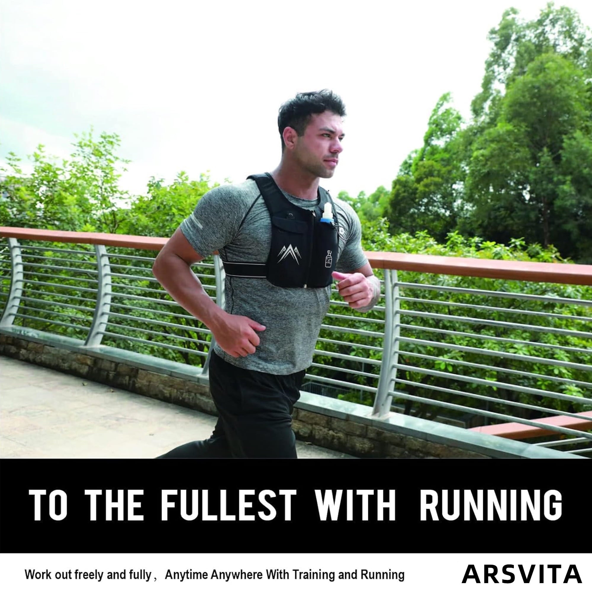 Arsvita Running Vest, Zip Reflective Running Vests with 500ml Hydration Bottle, Adjustable Waistband & Breathable Material, Chest Pack Gear Phone Holder for Running, Men & Women