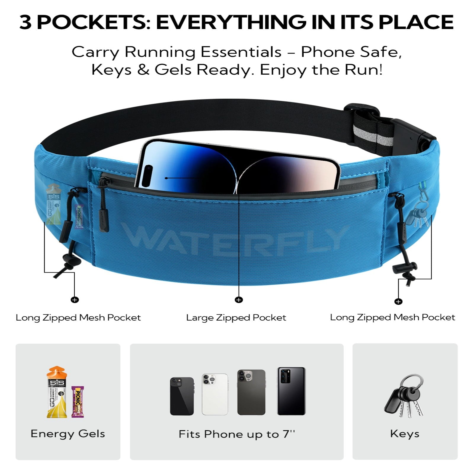 WATERFLY Unisex Adjustable Sports Jogging Fitness Nylon Running Waist Belt Band,Black