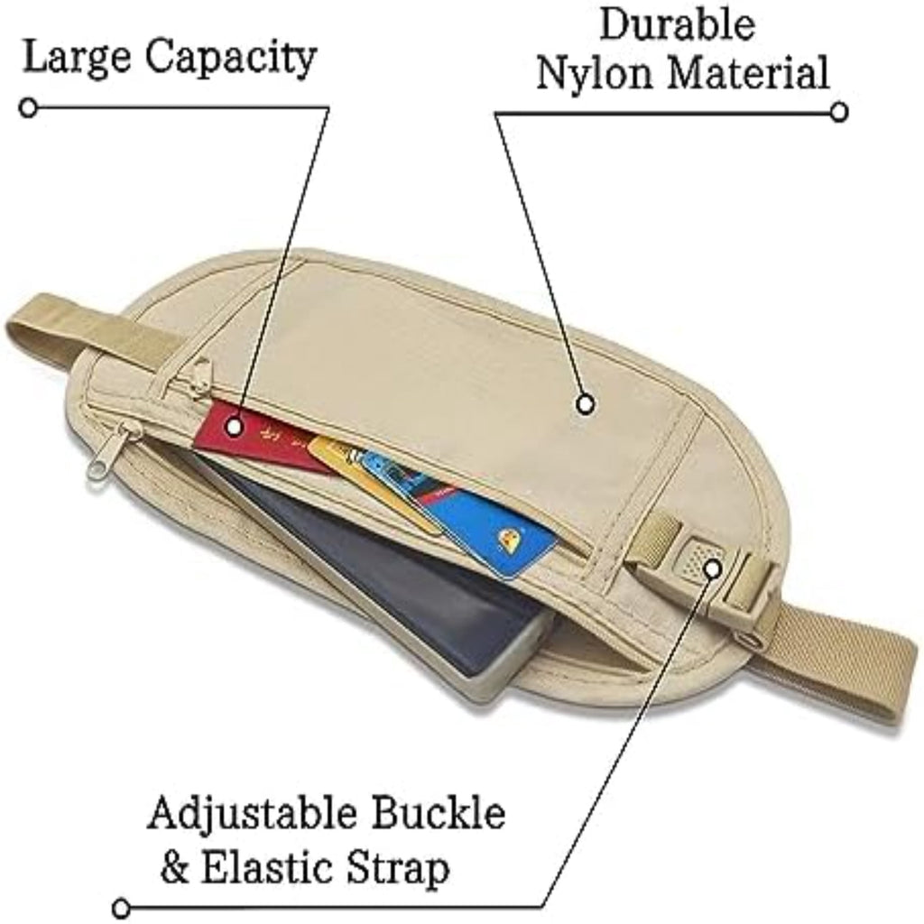 Nylon RFID Blocking Money Belt, Hidden Anti-theft Waist Fanny Pack with Adjustable Buckle, Under Clothes Travel Running Hiking Pouch for Men Women (Khaki)