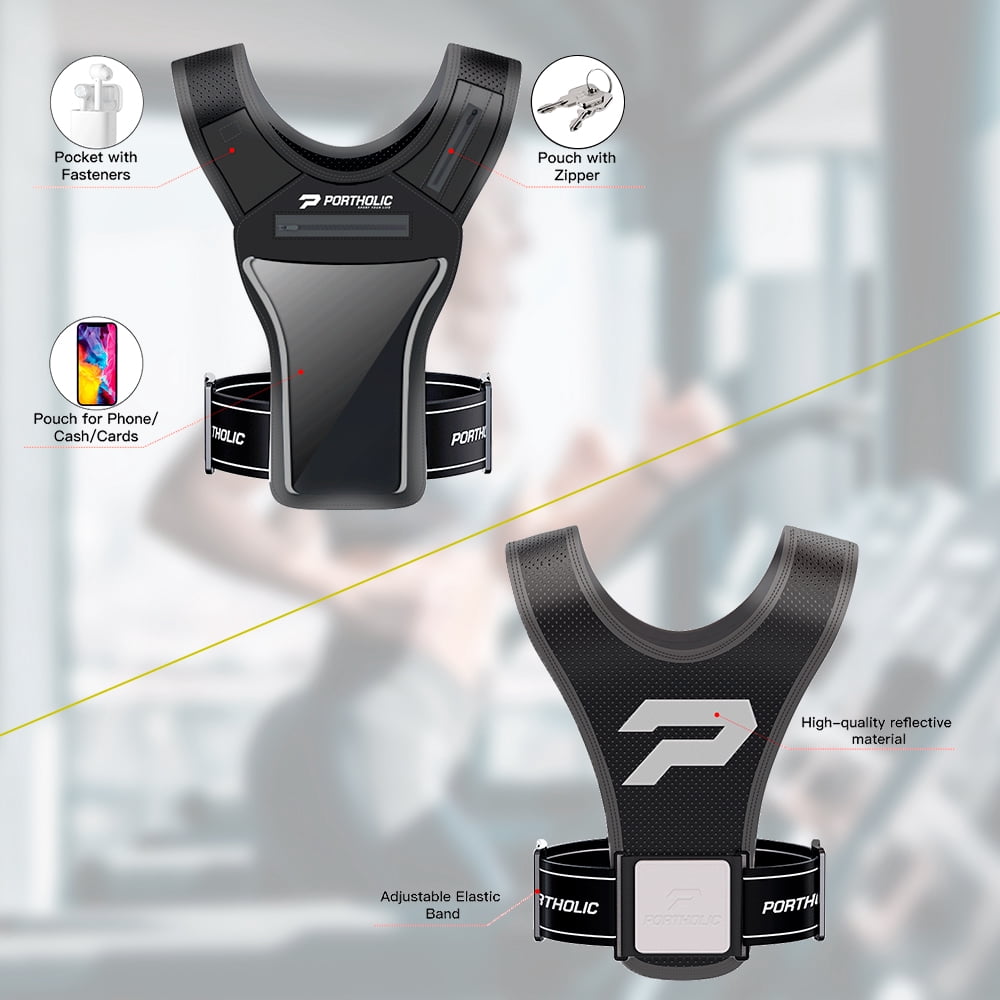 Running Vest with Cellphone Holder, PORTHOLIC Reflective Warnwest with Visible Phone Pouch, Adjustable Waistband and Muti-pockets for Sport, Jogging, Cycling, Walk the dog(GARY)