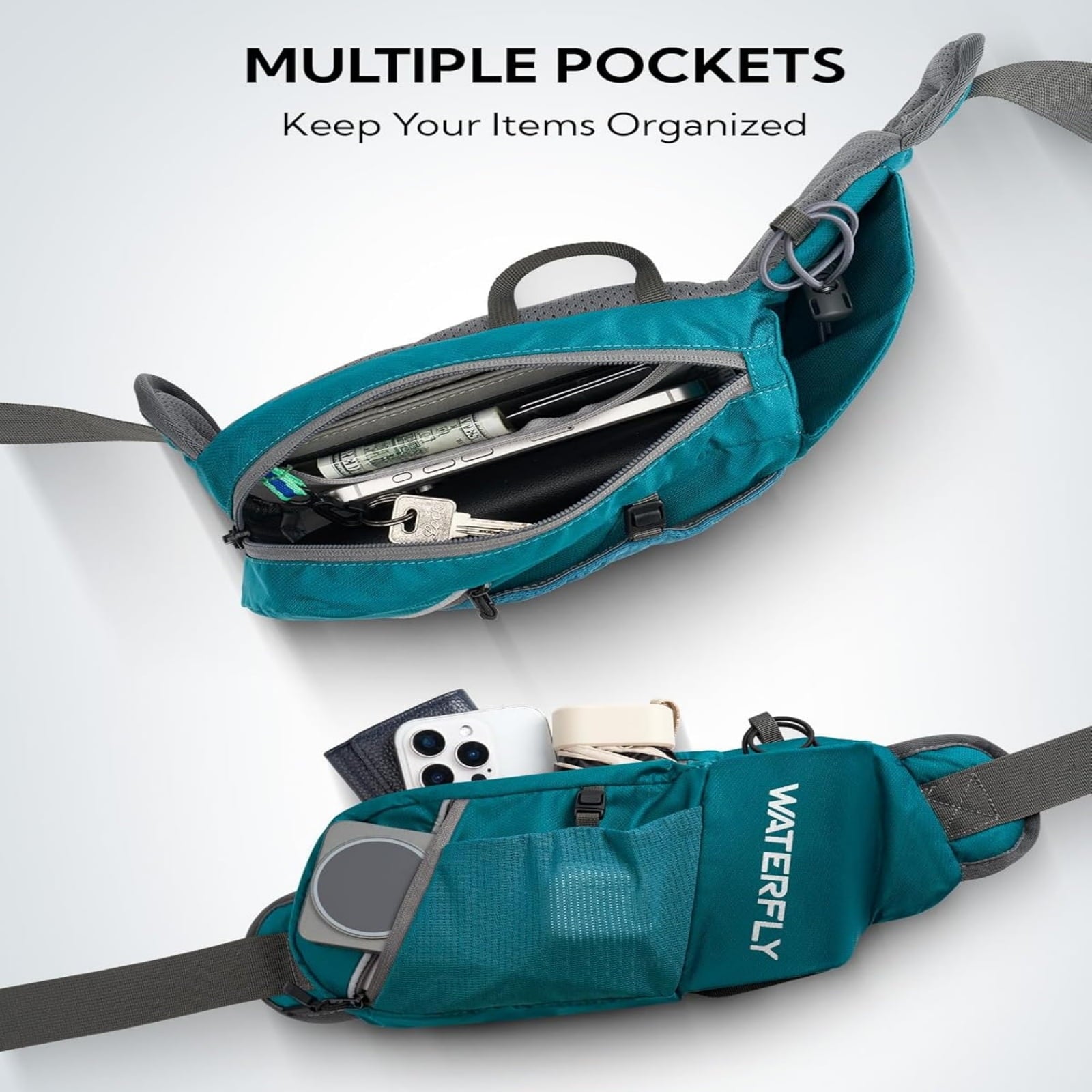 WATERFLY Unisex with Bottle Holder Running Walking Hiking Nylon Fanny Pack Waist Bag,,Blue