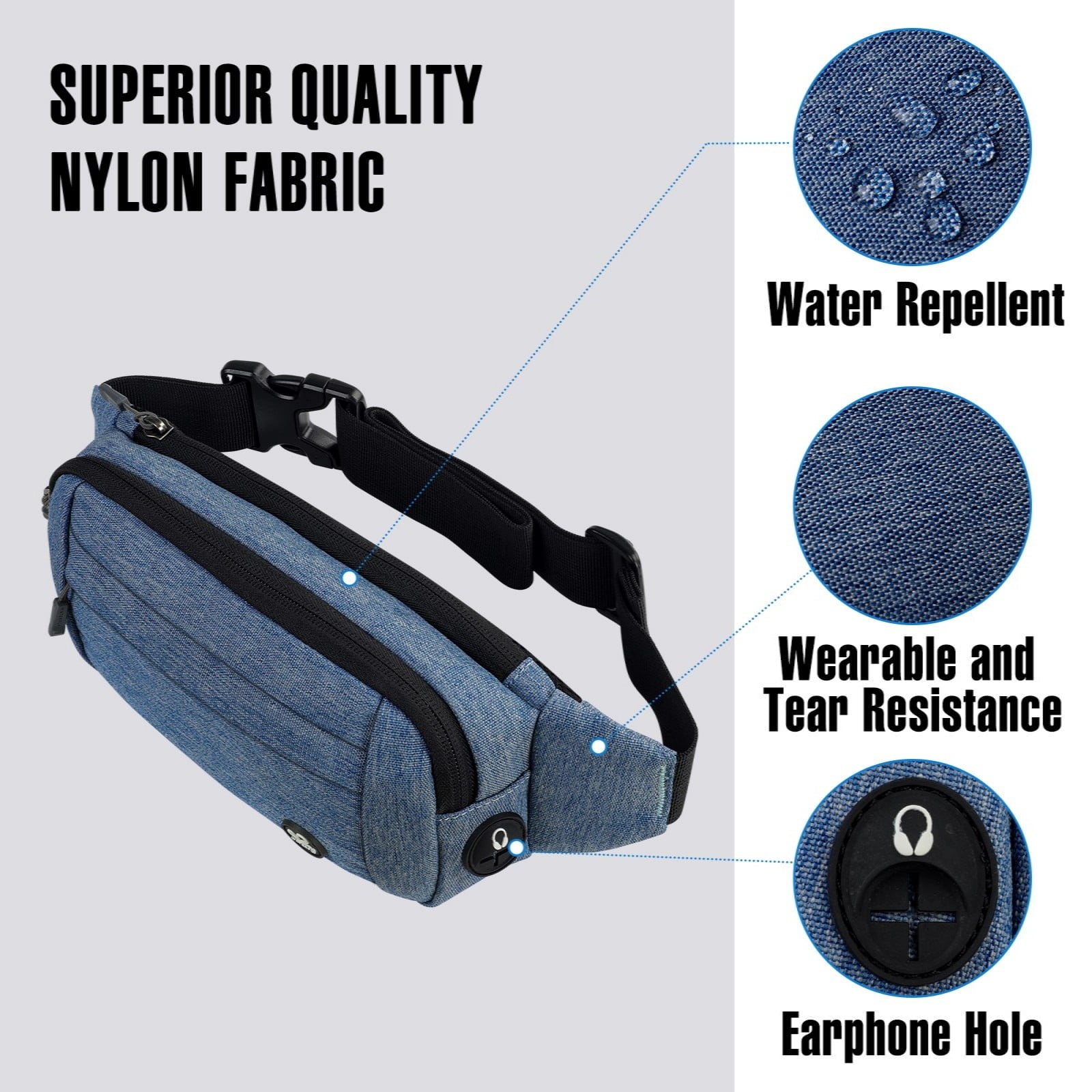 WATERFLY Unisex Lightweight Running Hiking Jogging Nylon Fanny Pack Waist Bag-Dark Blue