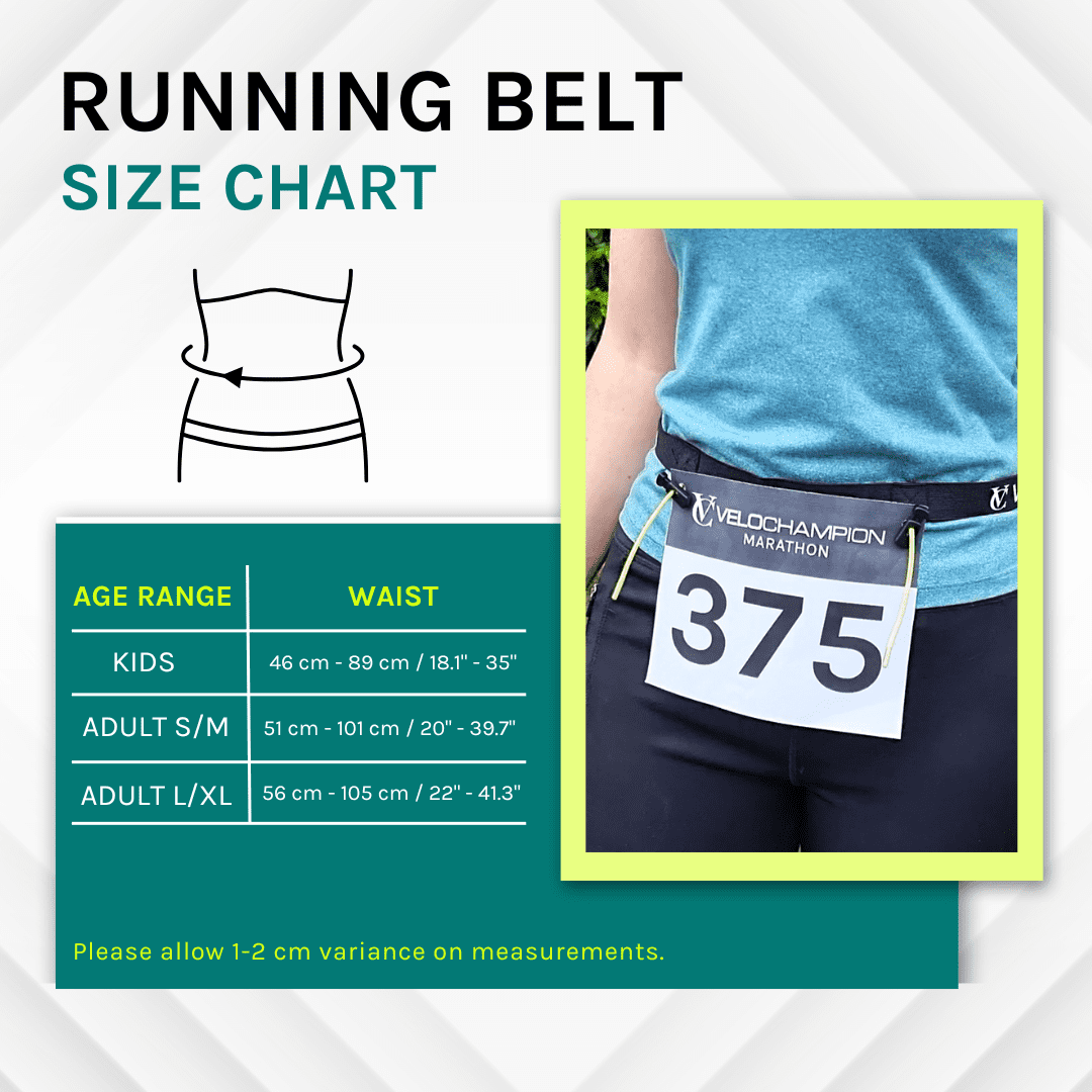 Velochampion Adjustable Elastic Running Number Waist Belt. Stretch Fit Black with Buckle Fastening