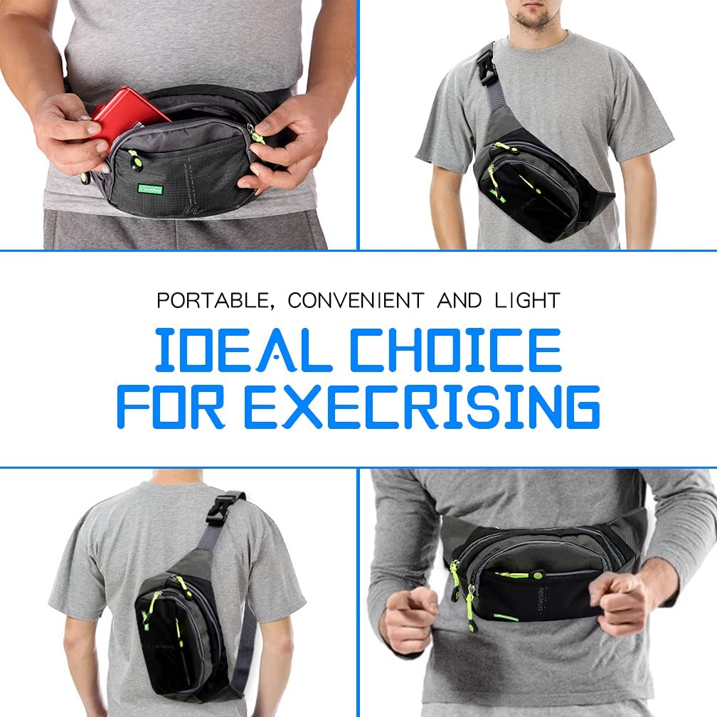 Viaky Black Crossbody Workout Waist Pack 4 Zipper Pockets, Running Belt Fanny Bag for Hands Free Sports Travel & Casual Use, Adjustable Strap Pouch Ideal Gifts for All Phone Carrying Enthusiasts