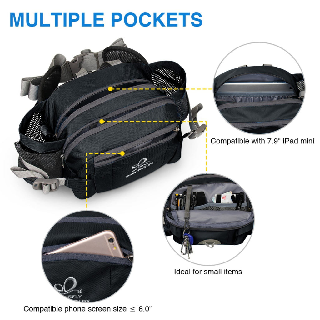 WATERFLY Unisex Large Capacity Hiking with Bottle Holder Nylon Fanny Pack Waist Bag,Gray