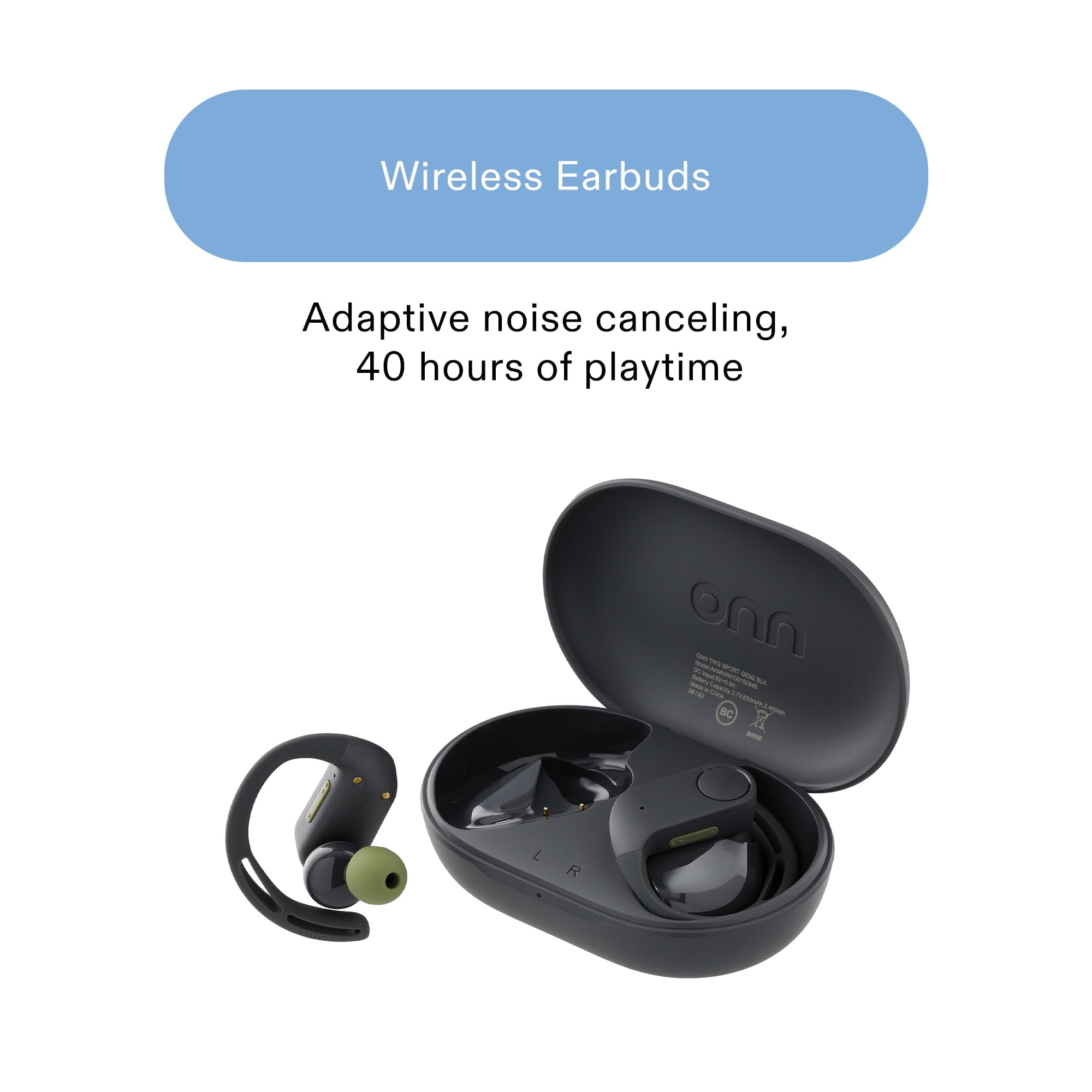 onn Wireless Sport Earbuds with Comfort Grip Ear Hooks, Black