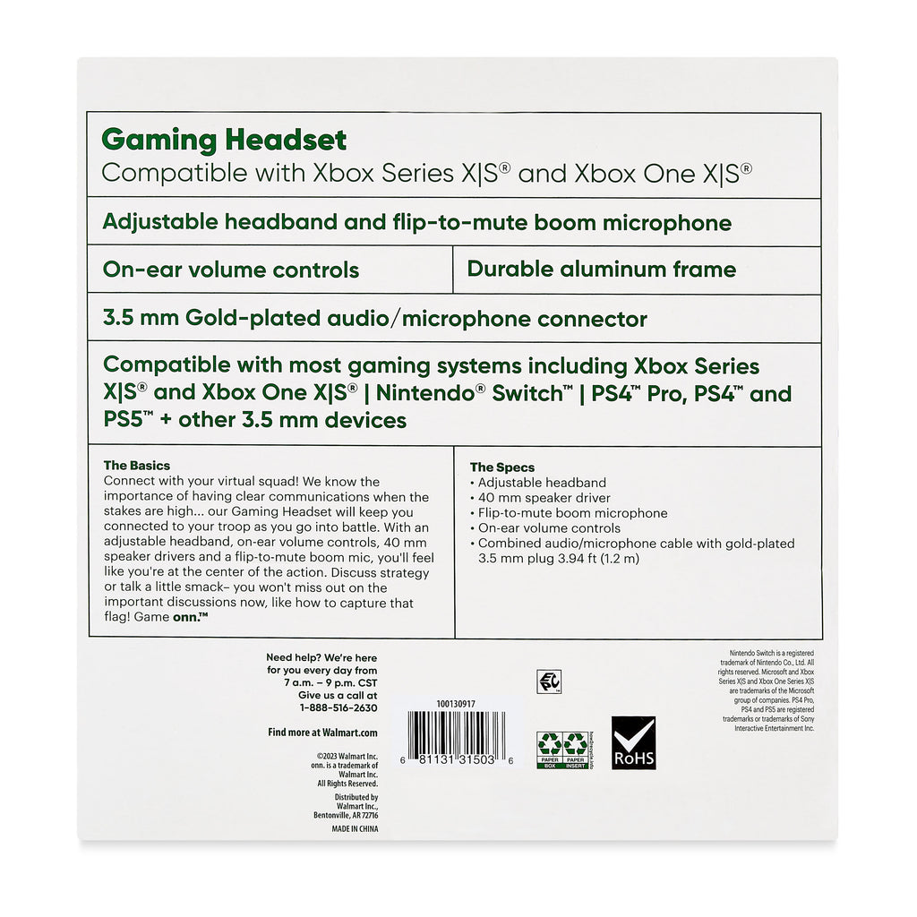 onn Wired Gaming Headset Compatible with Xbox Series X/S and Xbox One X/S, Black and Green