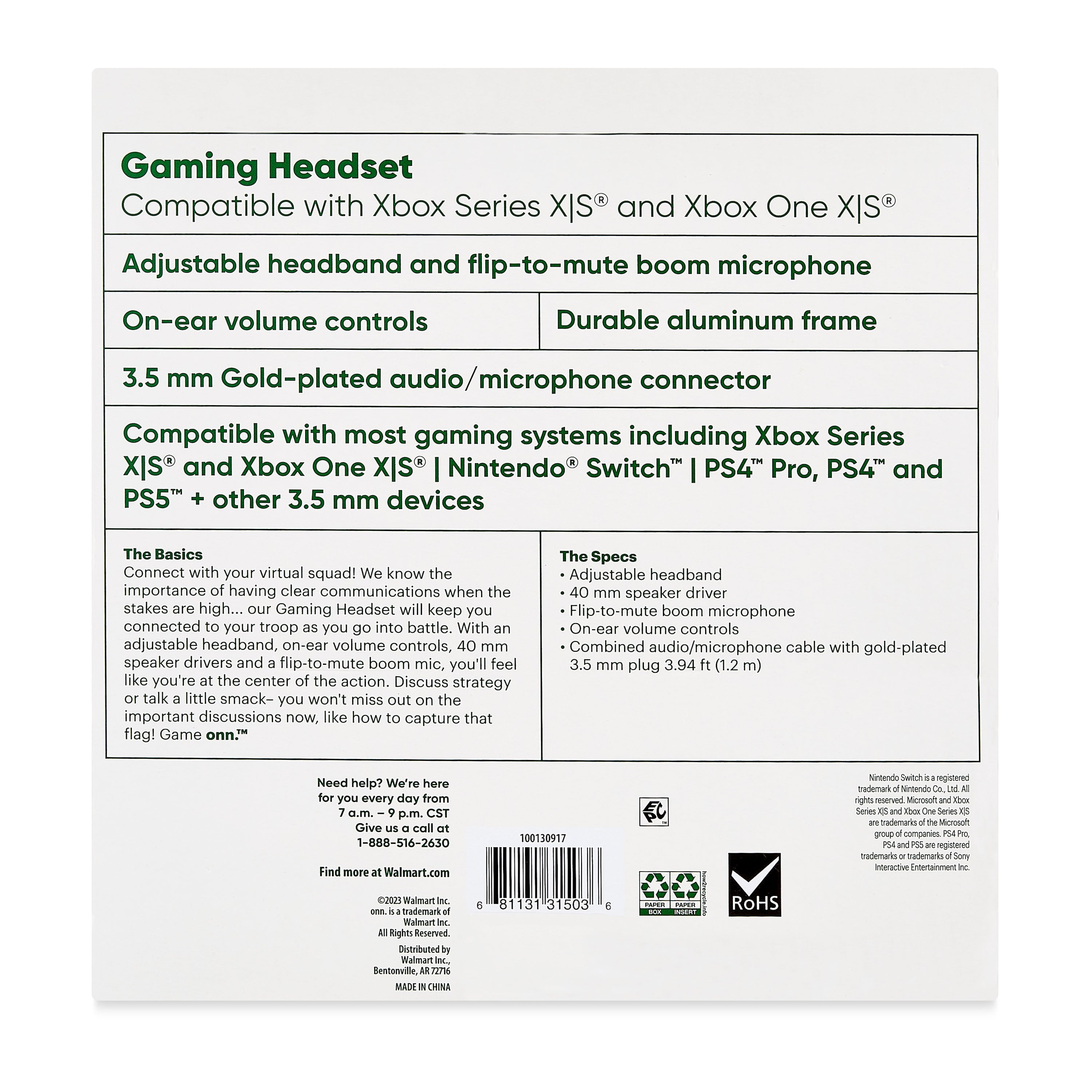 onn Wired Gaming Headset Compatible with Xbox Series X/S and Xbox One X/S, Black and Green