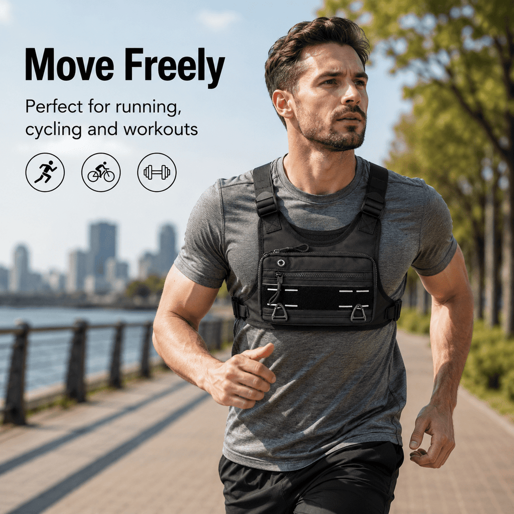Sports Chest Bag for Men Water Resistant Lightweight Front Running Vest Bag With Phone Holder & Extra Storage for Workouts Cycling Black