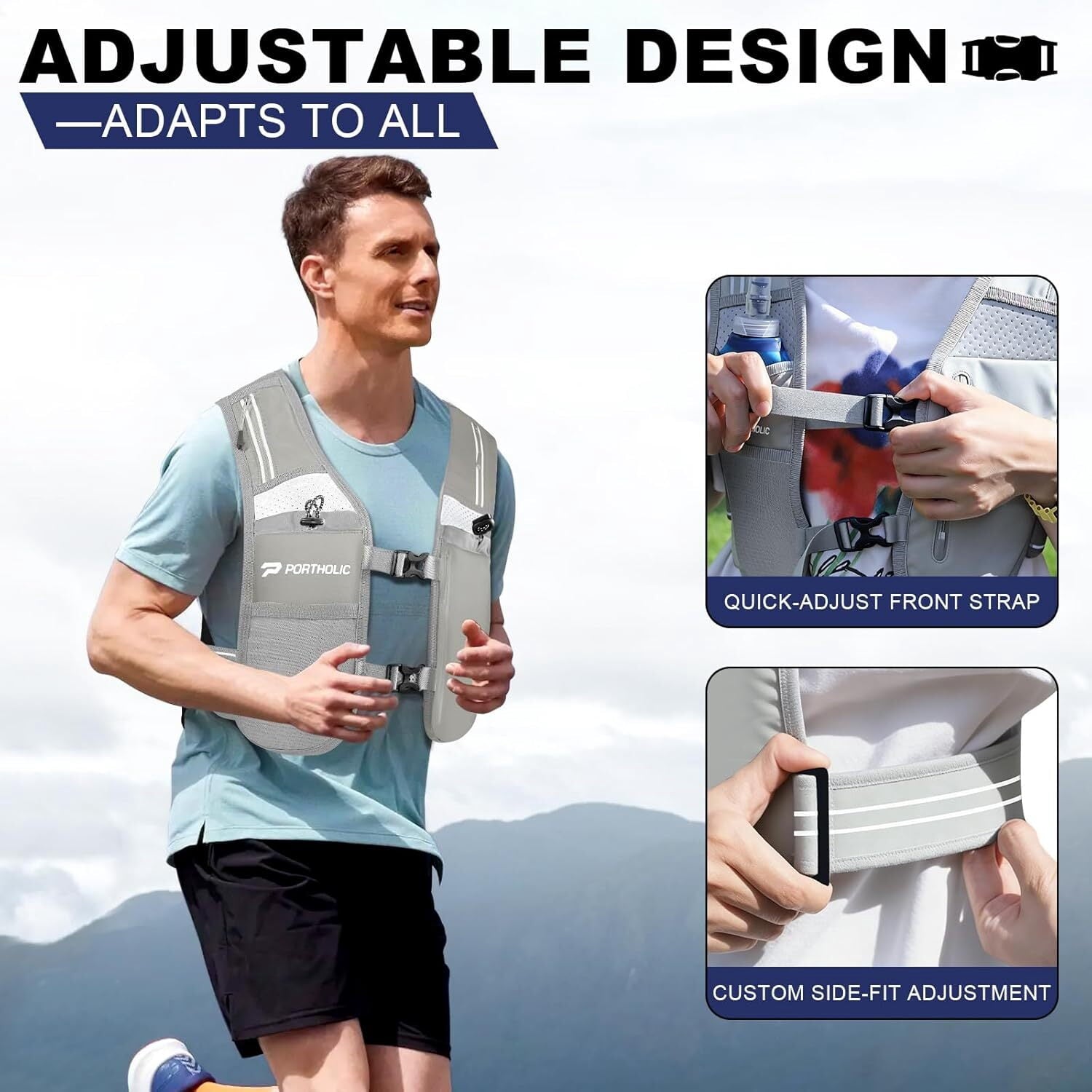 PORTHOLIC Running Vest for Women Men with 500ml/17oz Water Bottle |Adjustable Hydration Vest|Reflective |Lightweight |6 Pockets |Breathablefor Running Accessories for Hiking Running (Black,Large)