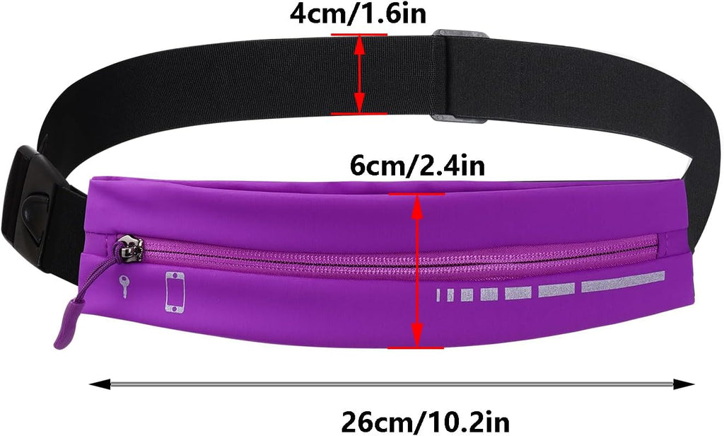 Slim Running Belt for Women Men Water Resiatant Runners Fanny Pack Adjustable Waist Pouch Reflective Phone holder Running Gear Accessories for Sport (Purple)