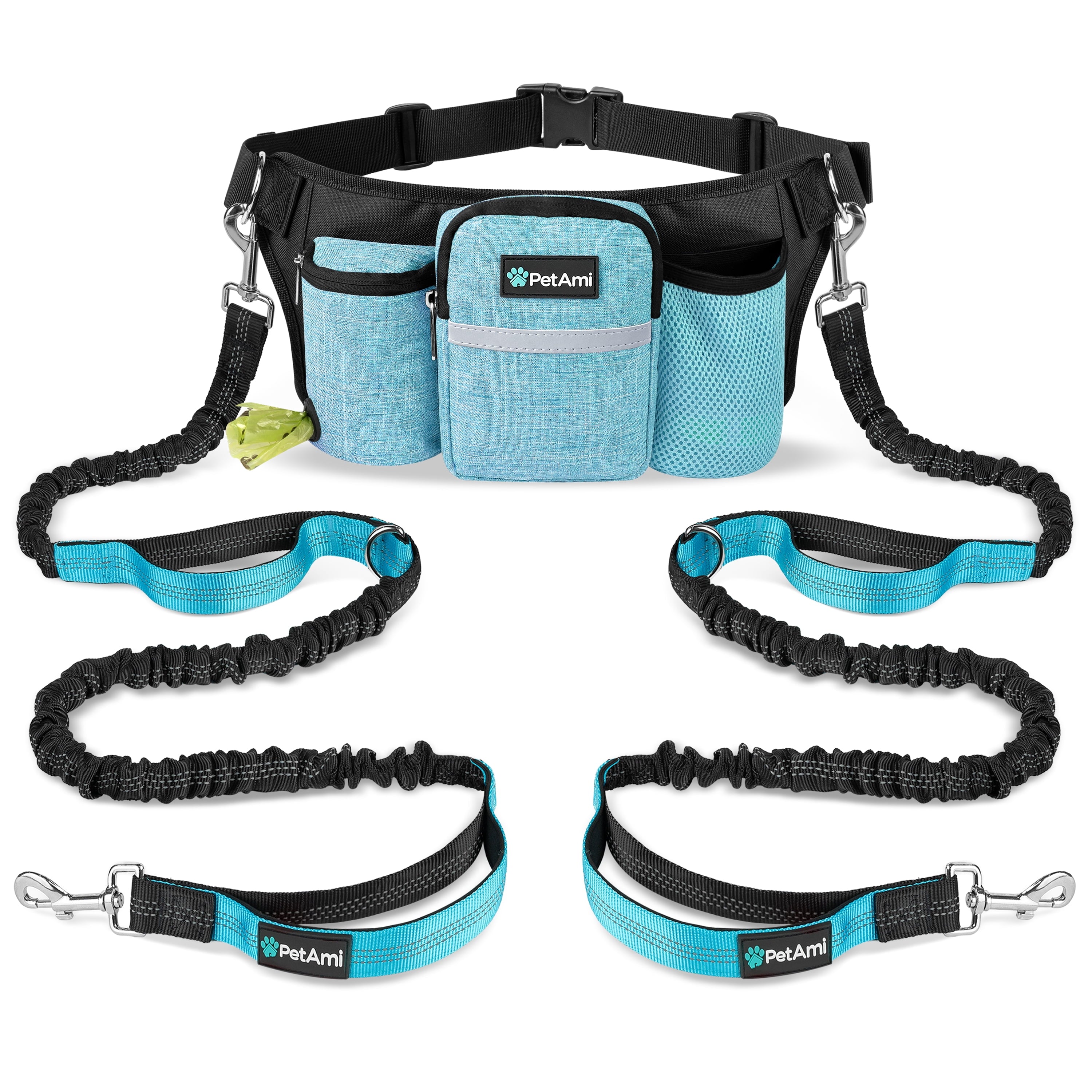 PetAmi Premium Hands Free Dog Leash for 2 Dogs, Adjustable Waist Belt Leash for Dog Walking, Fanny Pack Accessories Bag Dual Bungee Leash for Running, Hiking, Jogging, Biking, Charcoal Grey