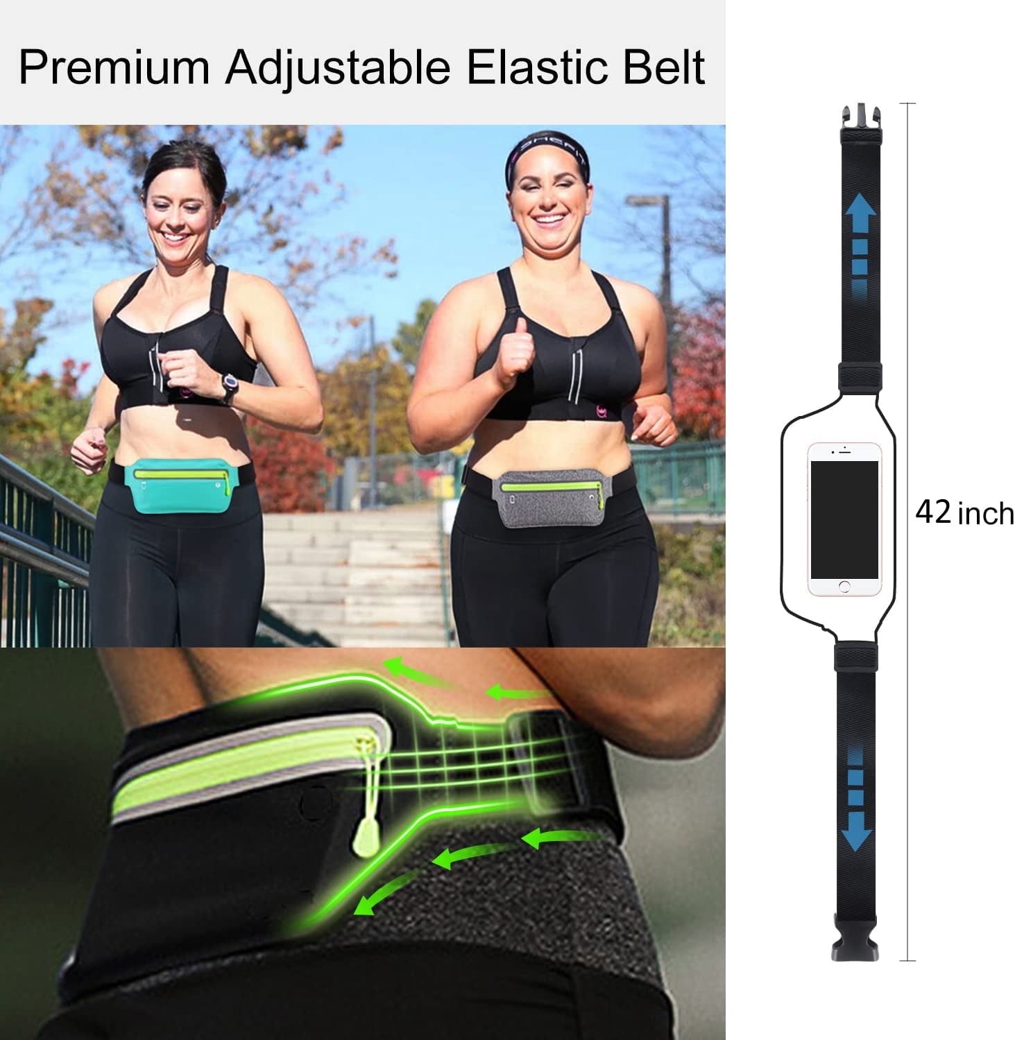 Bontime Ultra Slim Reflective Running Belt, Fits iPhone, Keys & Money, Adjustable Fanny Pack, Black