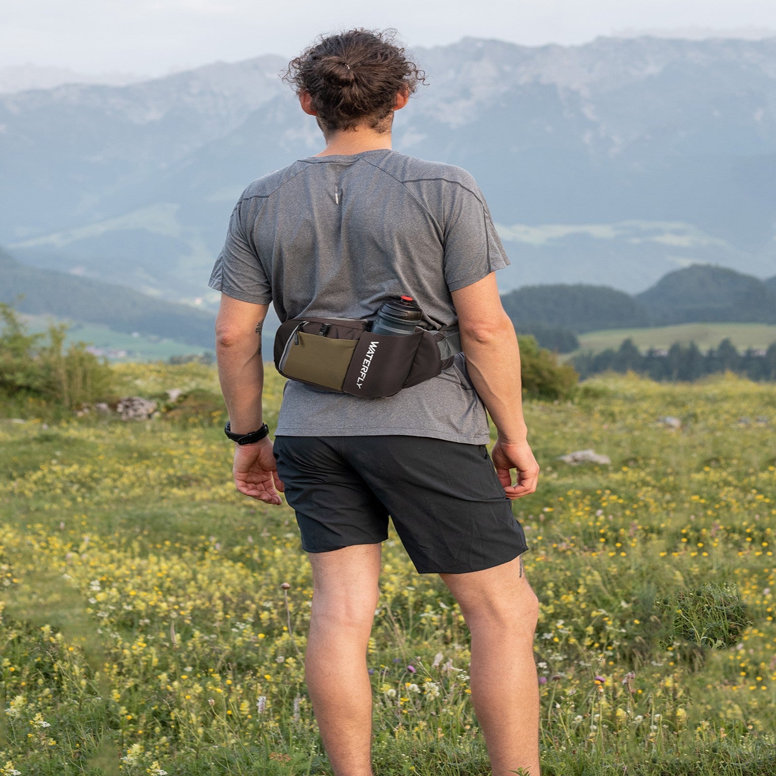 WATERFLY Unisex with Bottle Holder Running Walking Hiking Nylon Fanny Pack Waist Bag,,Blue